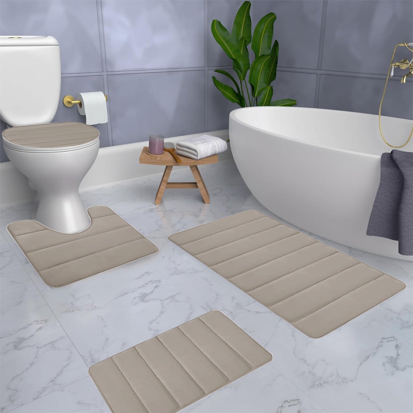 Xuniizn Bathroom Rugs Sets 4 Piece, Bath Mat Set and Oval Toilet Base with Rubber Backing, Plush Absorbent Shaggy Chenille Washable Mats, Includes 16x24", 16x20", 15x17" and 15x19" Rugs, Blue Khaki