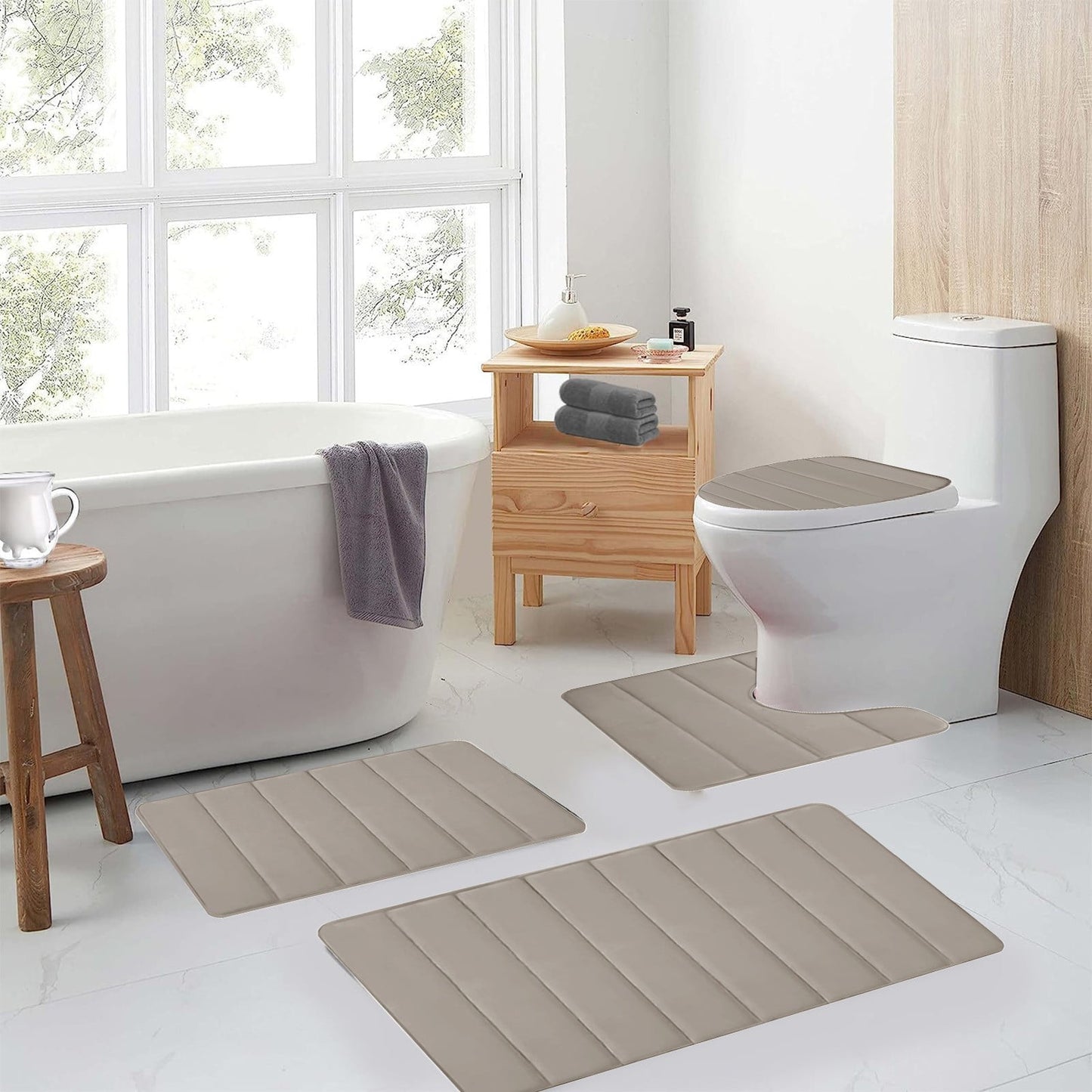 Xuniizn Bathroom Rugs Sets 4 Piece, Bath Mat Set and Oval Toilet Base with Rubber Backing, Plush Absorbent Shaggy Chenille Washable Mats, Includes 16x24", 16x20", 15x17" and 15x19" Rugs, Blue Khaki