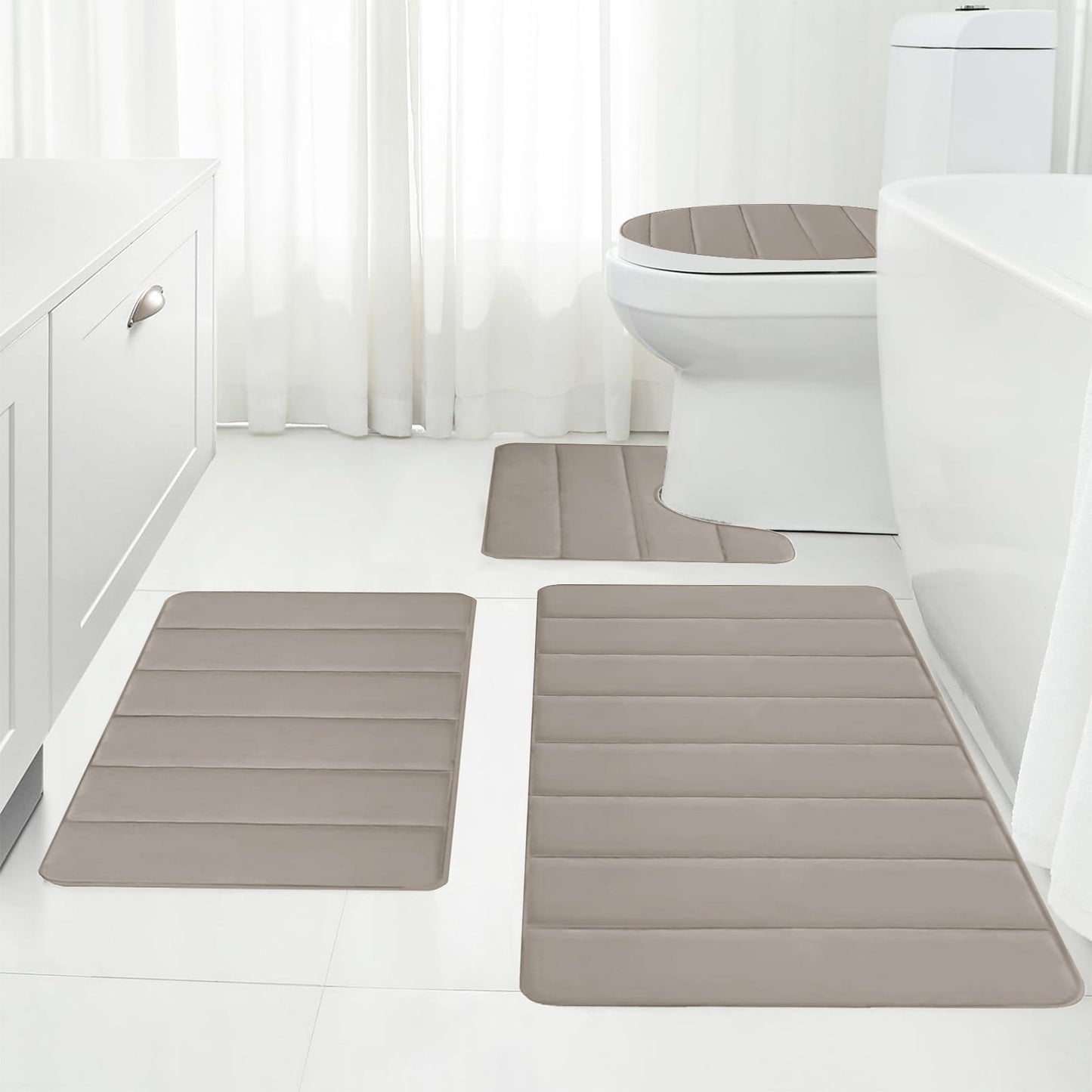 Xuniizn Bathroom Rugs Sets 4 Piece, Bath Mat Set and Oval Toilet Base with Rubber Backing, Plush Absorbent Shaggy Chenille Washable Mats, Includes 16x24", 16x20", 15x17" and 15x19" Rugs, Blue Khaki