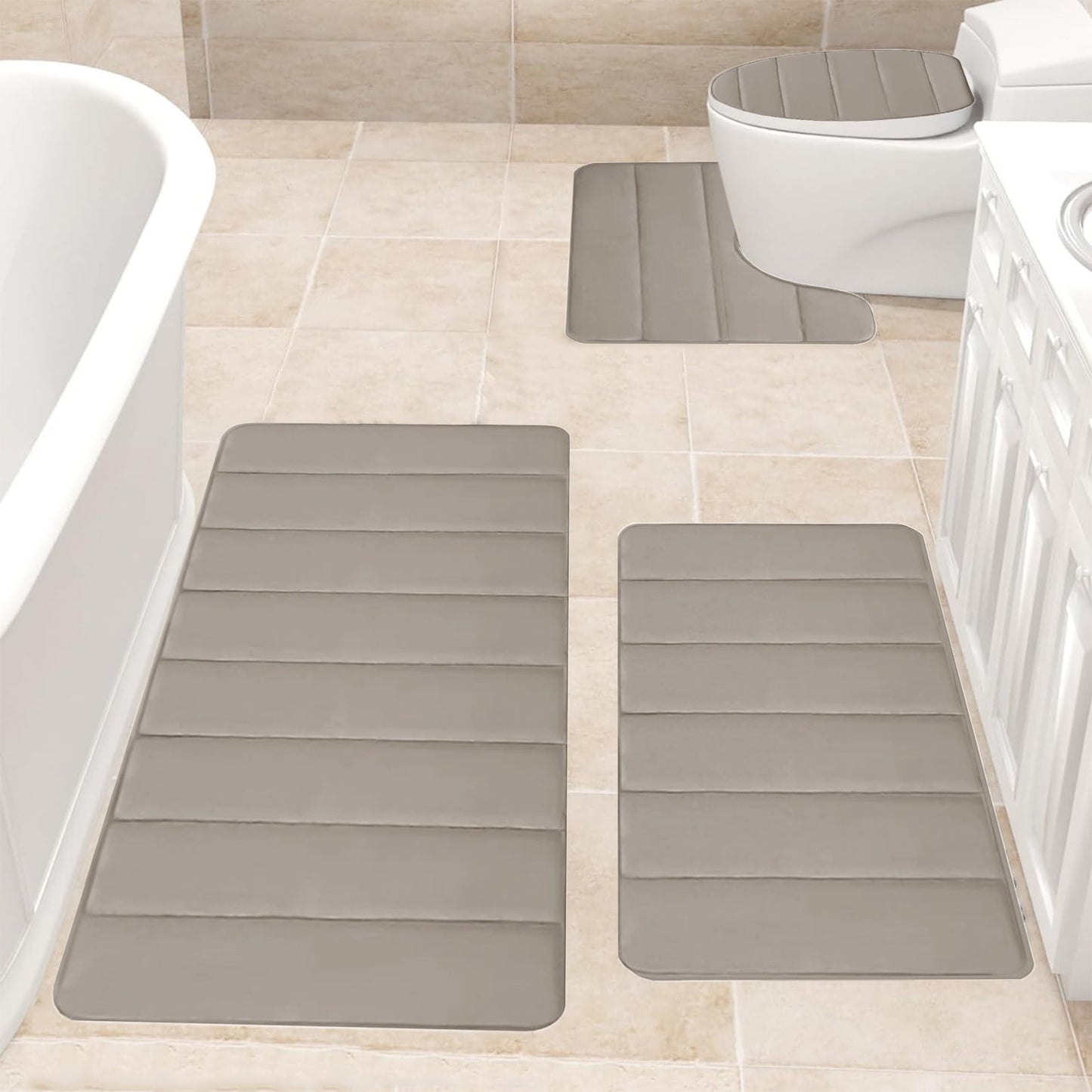 Xuniizn Bathroom Rugs Sets 4 Piece, Bath Mat Set and Oval Toilet Base with Rubber Backing, Plush Absorbent Shaggy Chenille Washable Mats, Includes 16x24", 16x20", 15x17" and 15x19" Rugs, Blue Khaki