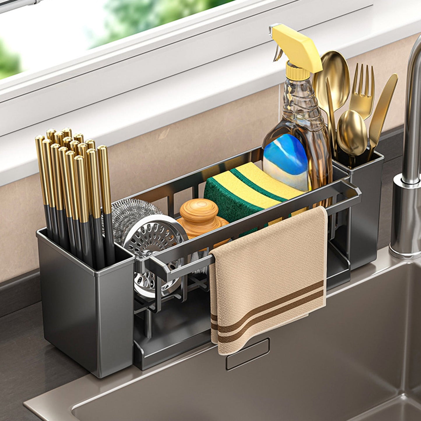 PALIFEUR Sponge Holder for Kitchen Sink, Kitchen Sink Organizer Rustproof 304 Stainless Steel Detachable Dishcloth Rack Sink Caddy, Kitchen Sponge Holder Bathroom Organizer Brush Holder Storage XB_#Gray