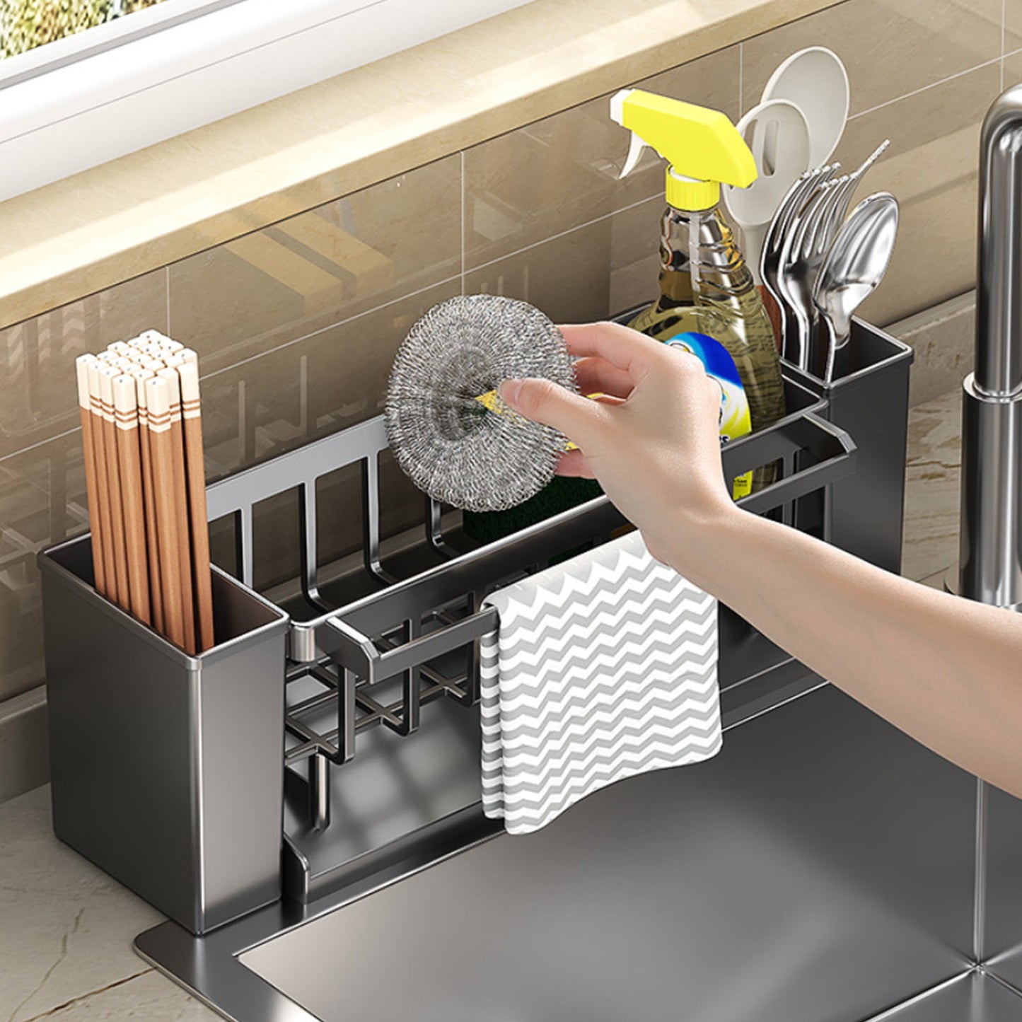 PALIFEUR Sponge Holder for Kitchen Sink, Kitchen Sink Organizer Rustproof 304 Stainless Steel Detachable Dishcloth Rack Sink Caddy, Kitchen Sponge Holder Bathroom Organizer Brush Holder Storage XB_#Gray