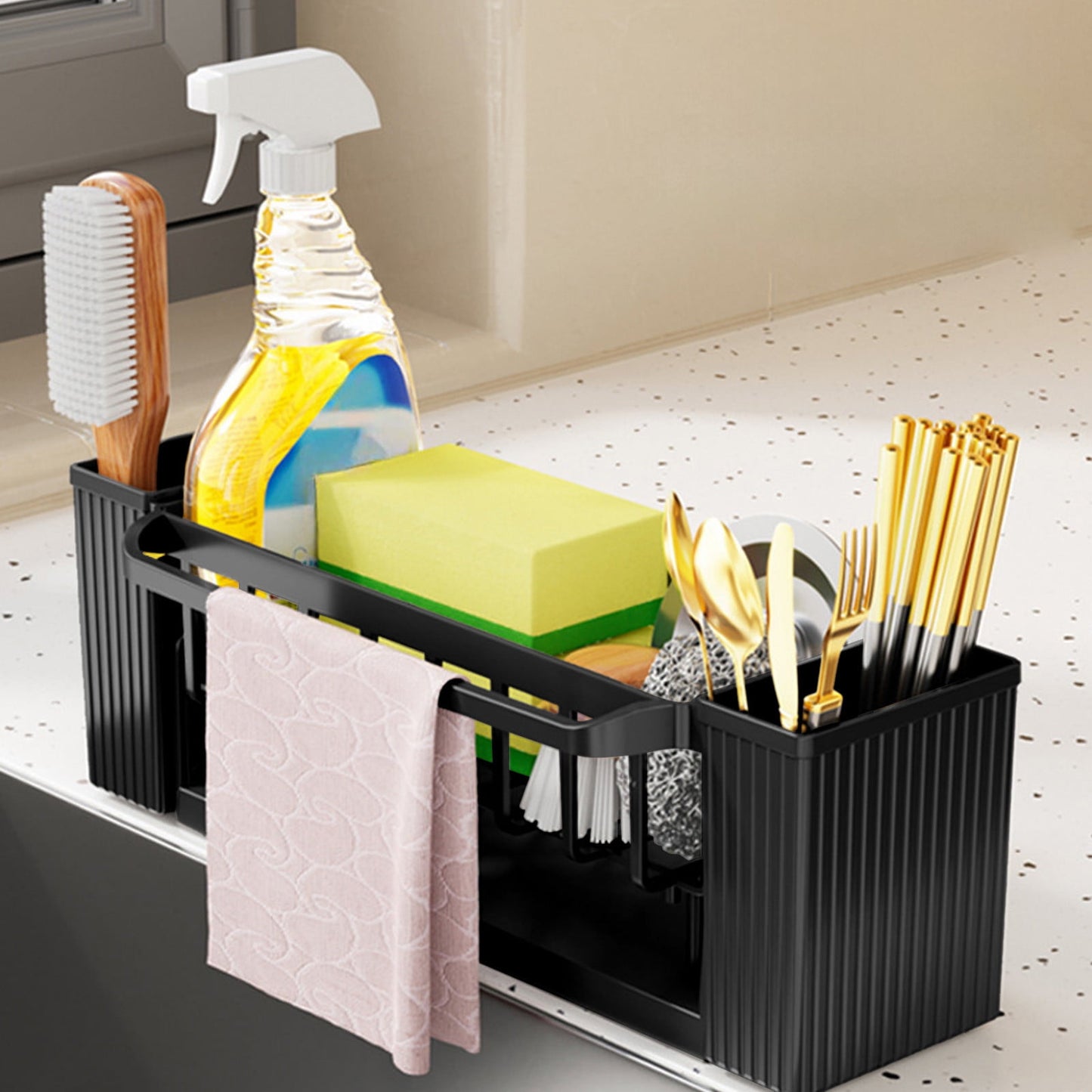 PALIFEUR Sponge Holder for Kitchen Sink, Kitchen Sink Organizer Rustproof 304 Stainless Steel Detachable Dishcloth Rack Sink Caddy, Kitchen Sponge Holder Bathroom Organizer Brush Holder Storage XC_#Black