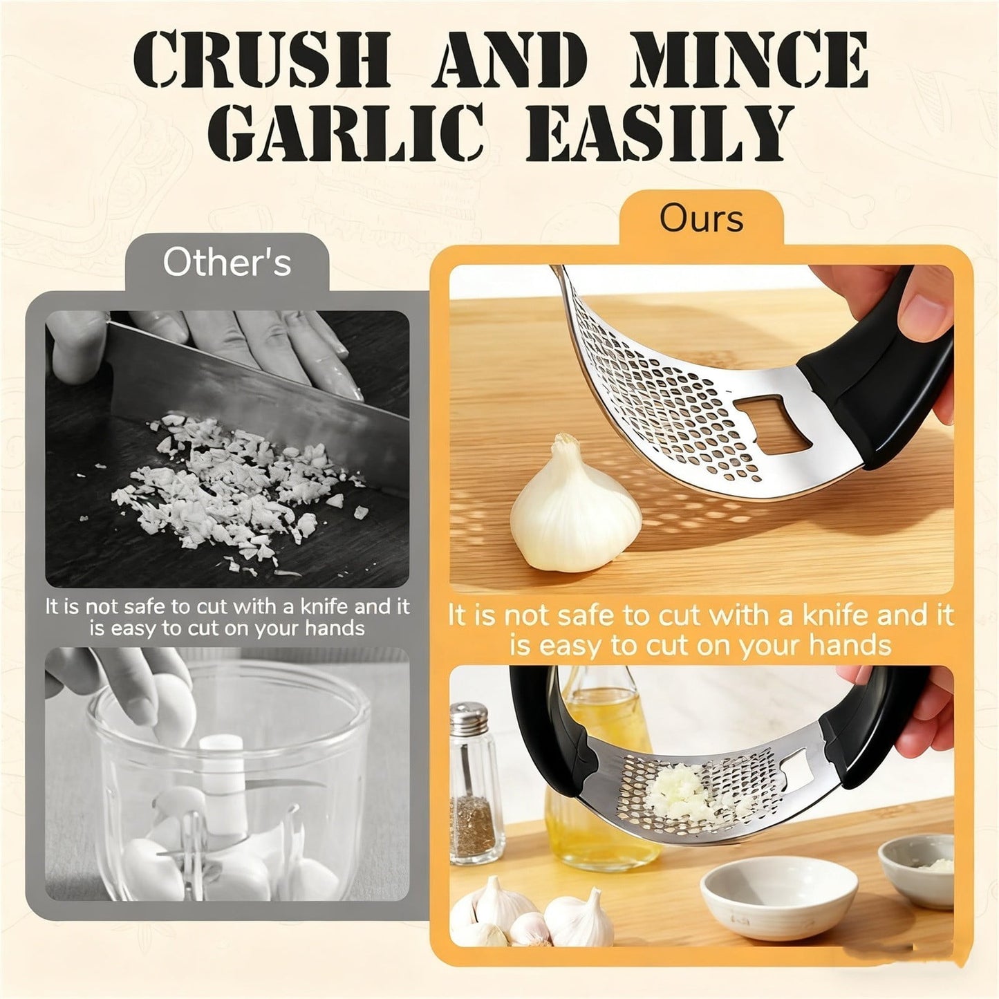 Stainless Steel Garlic Press Rocker, Garlic Mincer With Studs, Heavy Duty Garlic Chopper, Effective Garlic Peeler, Easy to Clean Kitchen Gadget for Minced Garlic, Dishwasher Safe 【Best Seller】D