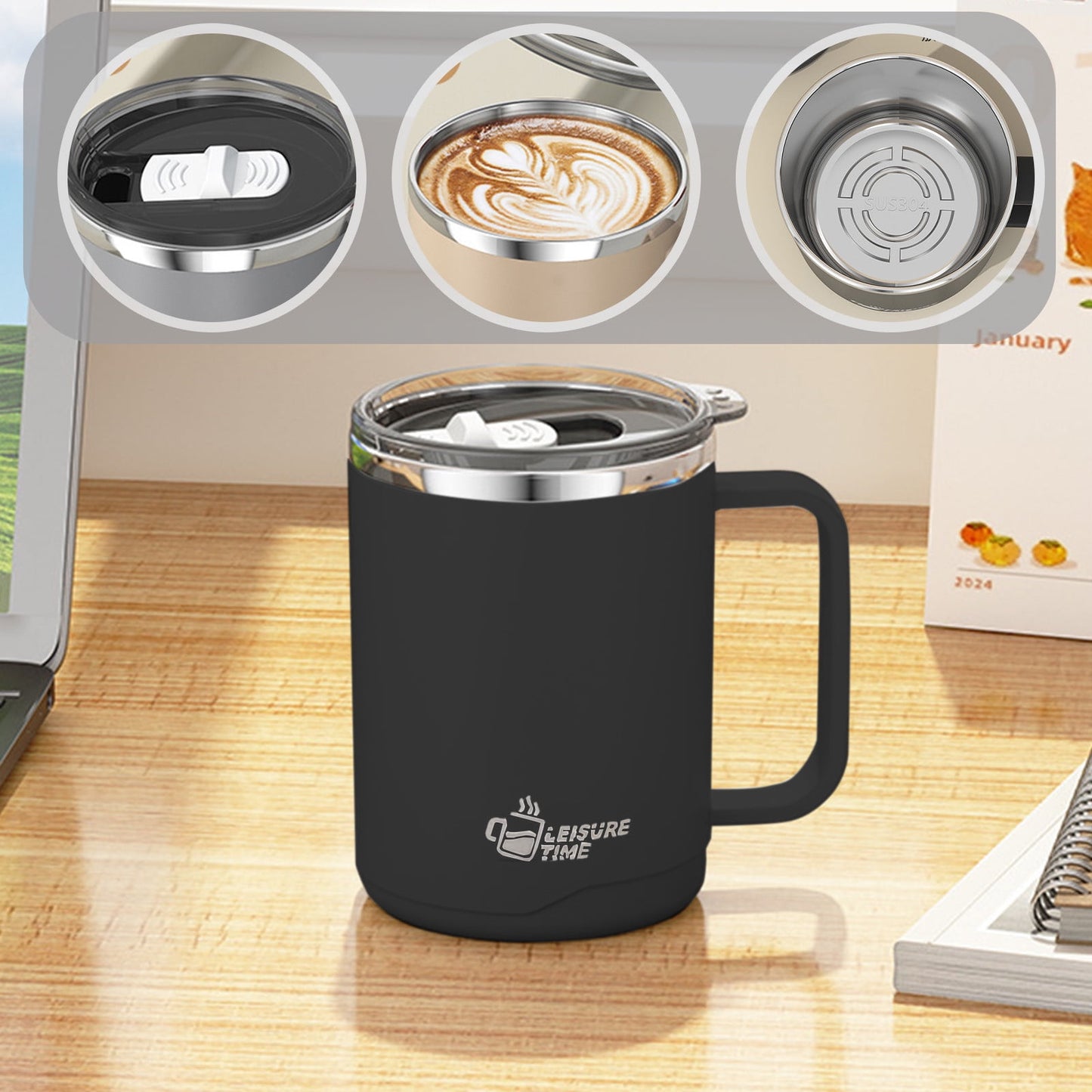 Insulated Coffee Mug with Handle & Lid - 17oz Stainless Steel Travel Tumbler, Double Wall Vacuum (Black) by PALIFEUR 01_【Limited Edition】 2026 New Model Smart Coffee Mug