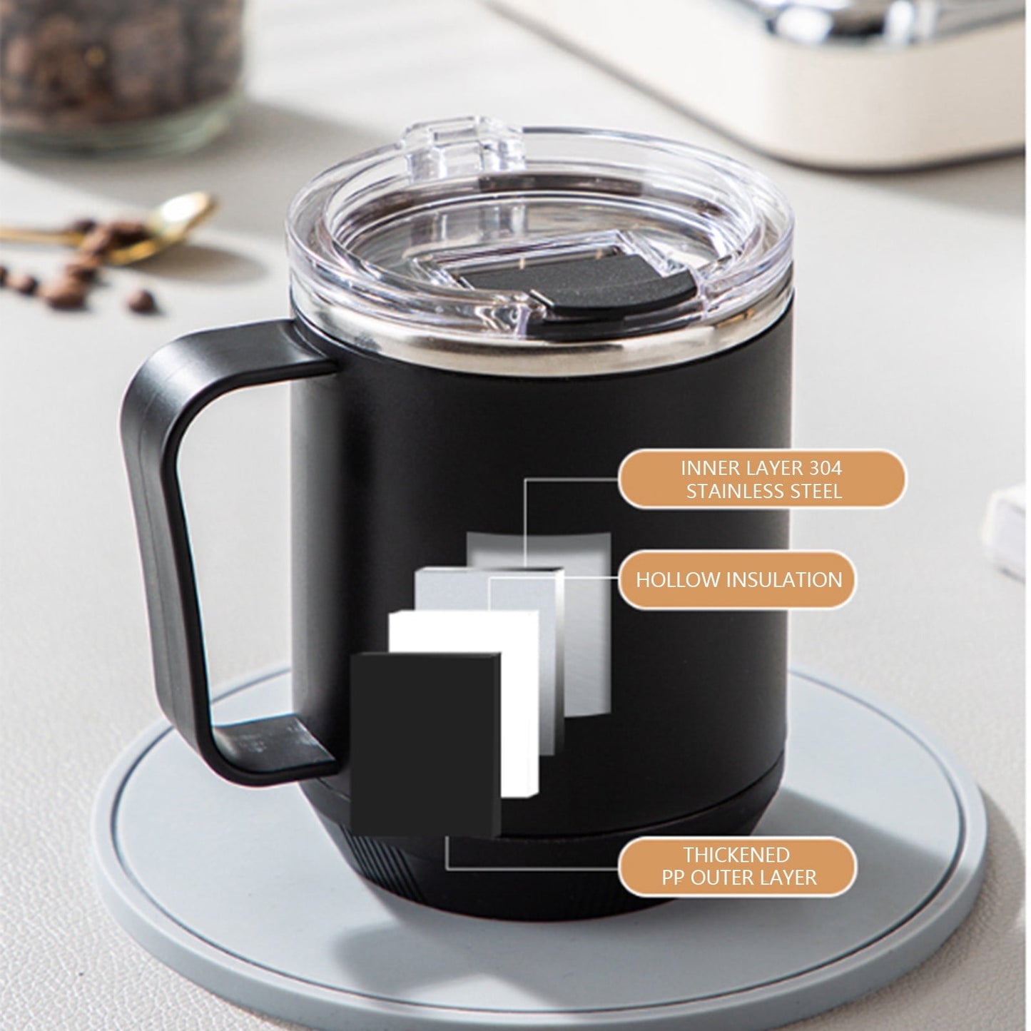 Insulated Coffee Mug with Handle & Lid - 17oz Stainless Steel Travel Tumbler, Double Wall Vacuum (Black) by PALIFEUR 10_【XL Capacity】 17oz Large Capacity Coffee Mug