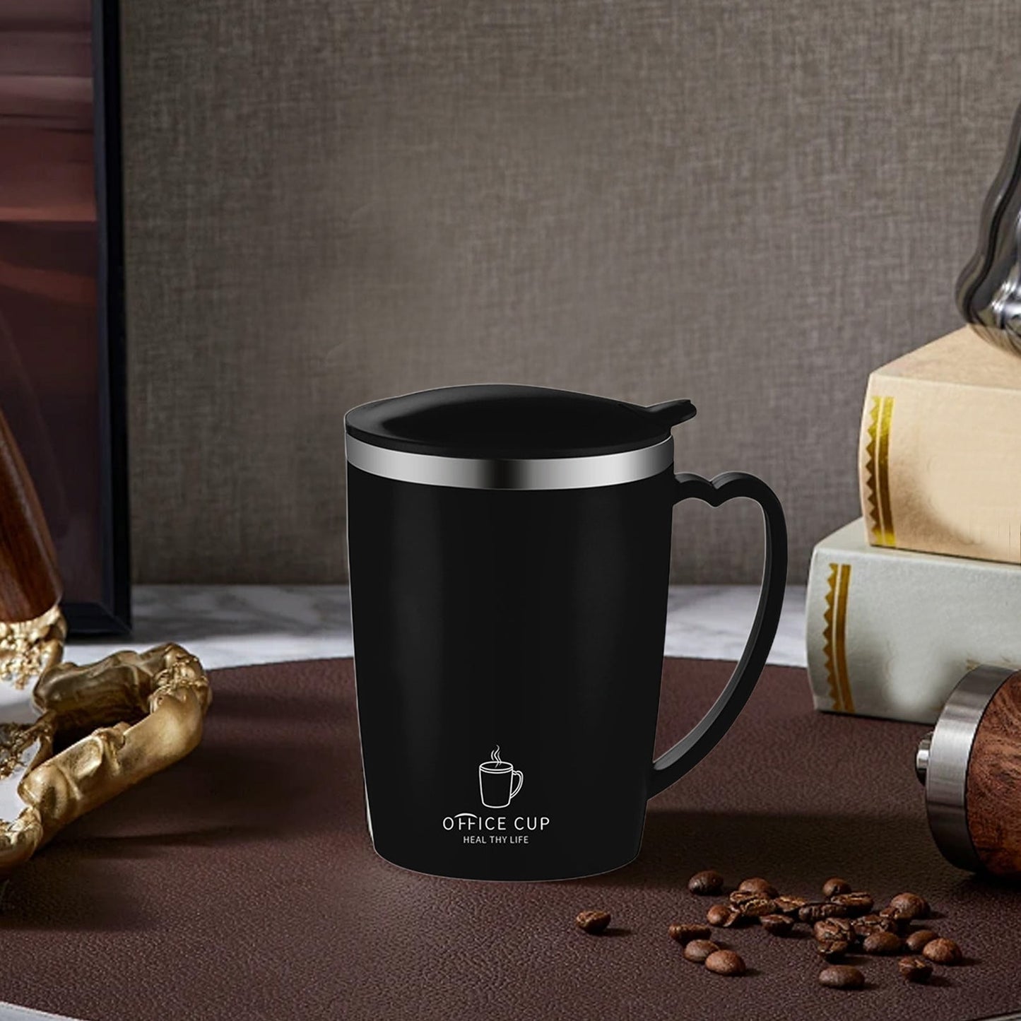 Insulated Coffee Mug with Handle & Lid - 17oz Stainless Steel Travel Tumbler, Double Wall Vacuum (Black) by PALIFEUR 18_【Birthday Gift】 Custom Engraved Coffee Mug