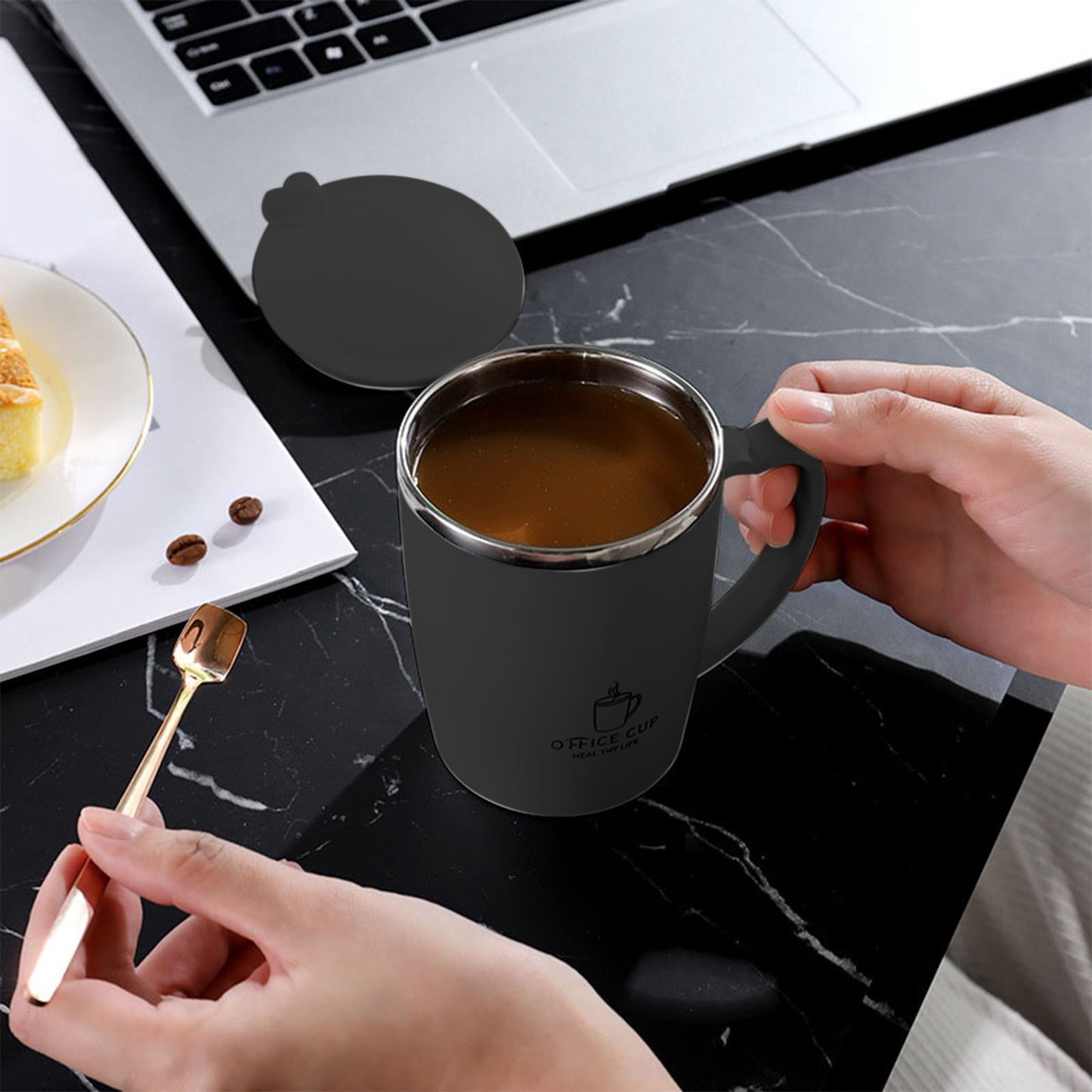 Insulated Coffee Mug with Handle & Lid - 17oz Stainless Steel Travel Tumbler, Double Wall Vacuum (Black) by PALIFEUR 18_【Birthday Gift】 Custom Engraved Coffee Mug