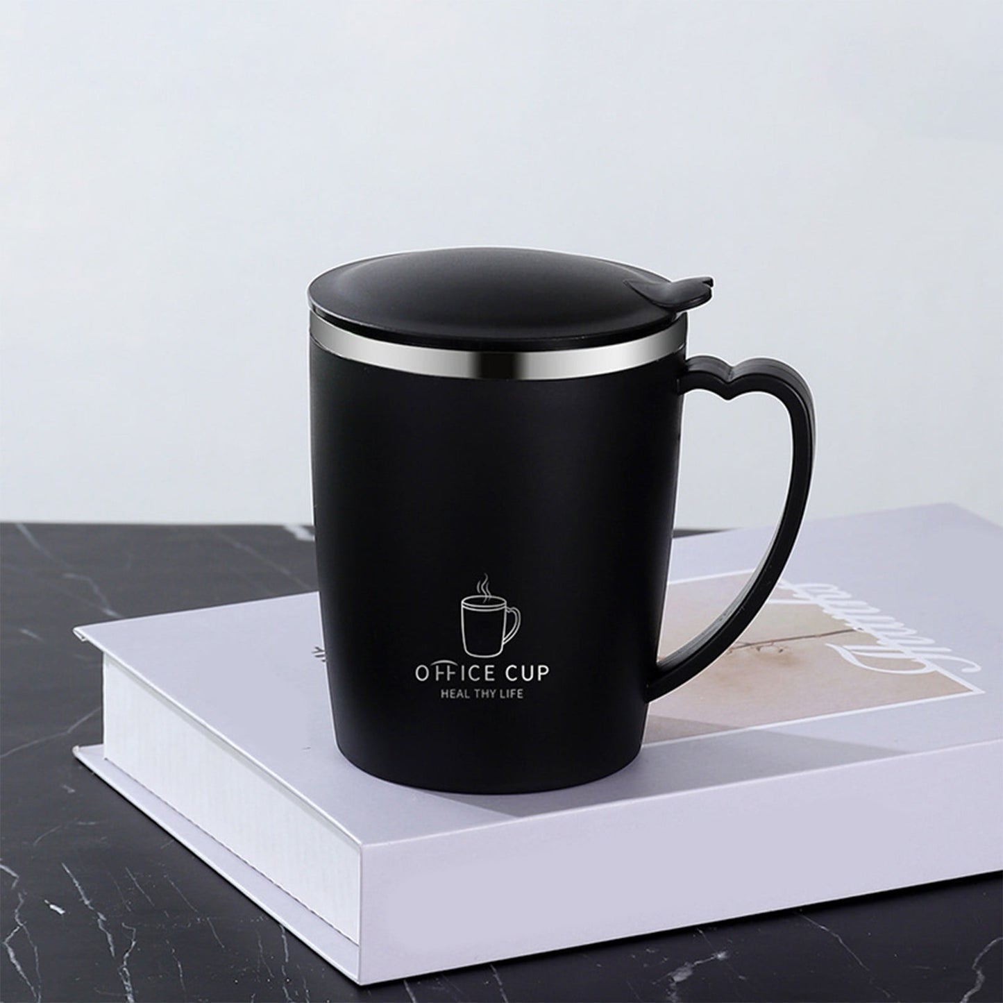 Insulated Coffee Mug with Handle & Lid - 17oz Stainless Steel Travel Tumbler, Double Wall Vacuum (Black) by PALIFEUR 18_【Birthday Gift】 Custom Engraved Coffee Mug