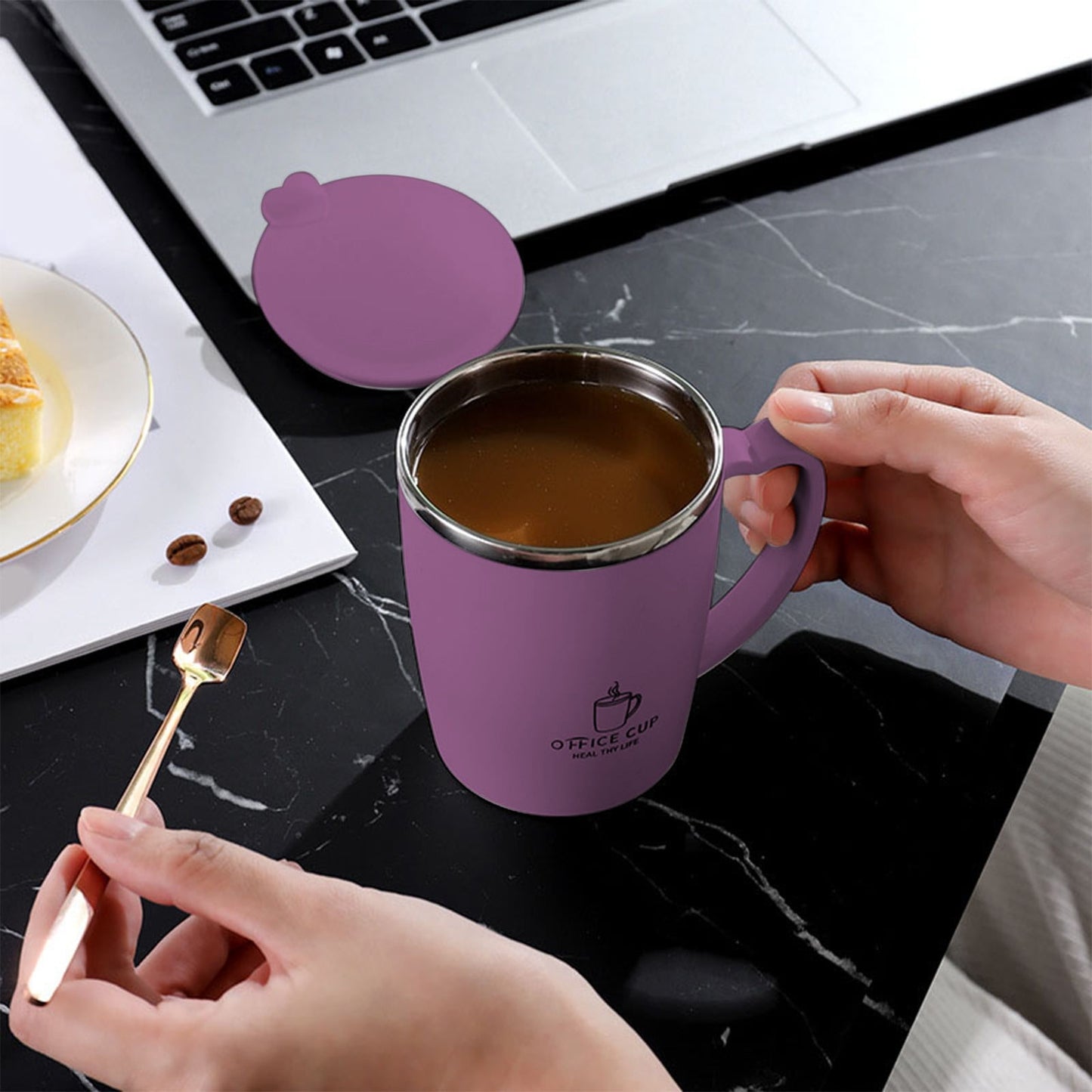 Insulated Coffee Mug with Handle & Lid - 17oz Stainless Steel Travel Tumbler, Double Wall Vacuum (Black) by PALIFEUR 19_【Corporate Gifts】 Company Logo Customized Coffee Cup