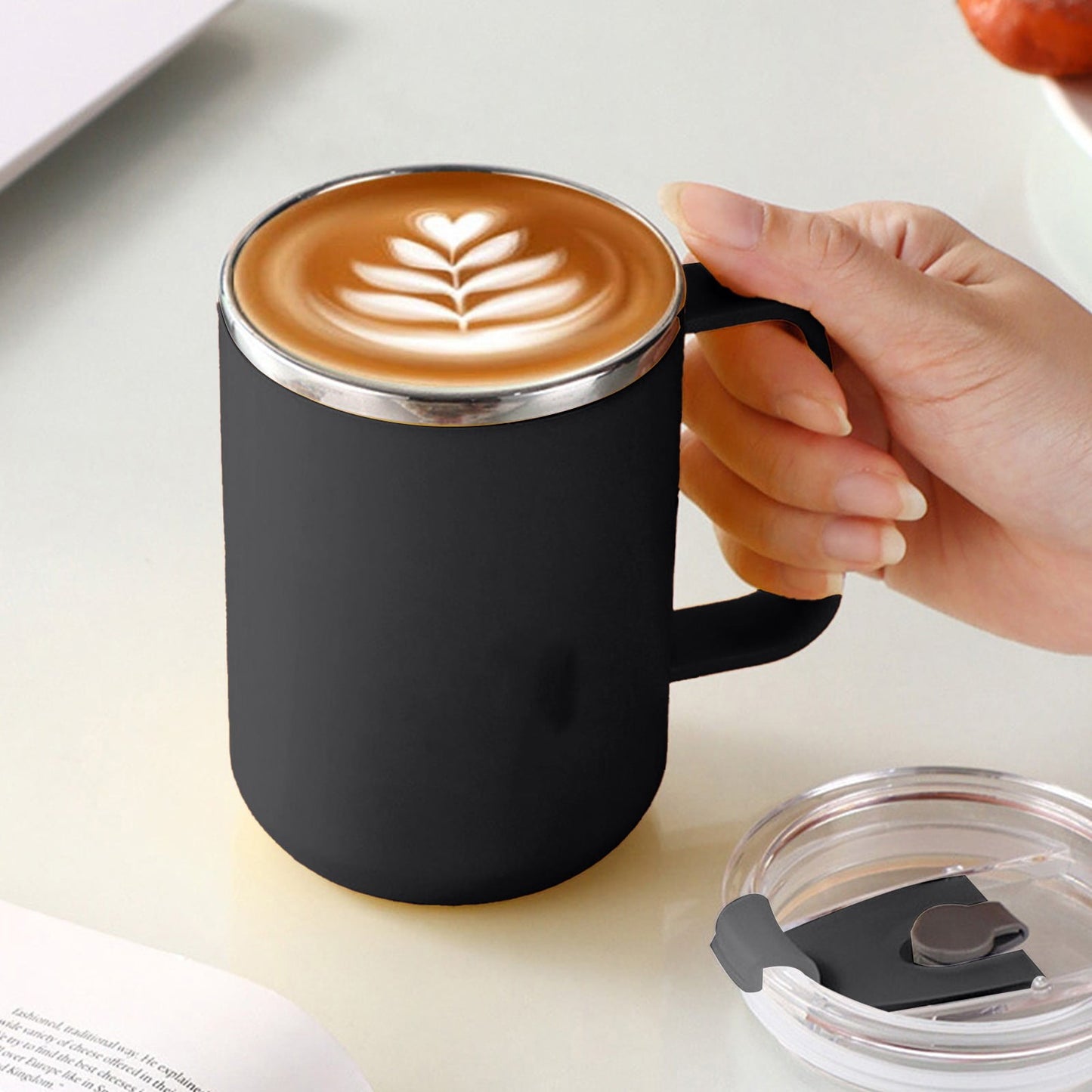Insulated Coffee Mug with Handle & Lid - 17oz Stainless Steel Travel Tumbler, Double Wall Vacuum (Black) by PALIFEUR 21_【Price Drop】 Now Available at a Reduced Price!