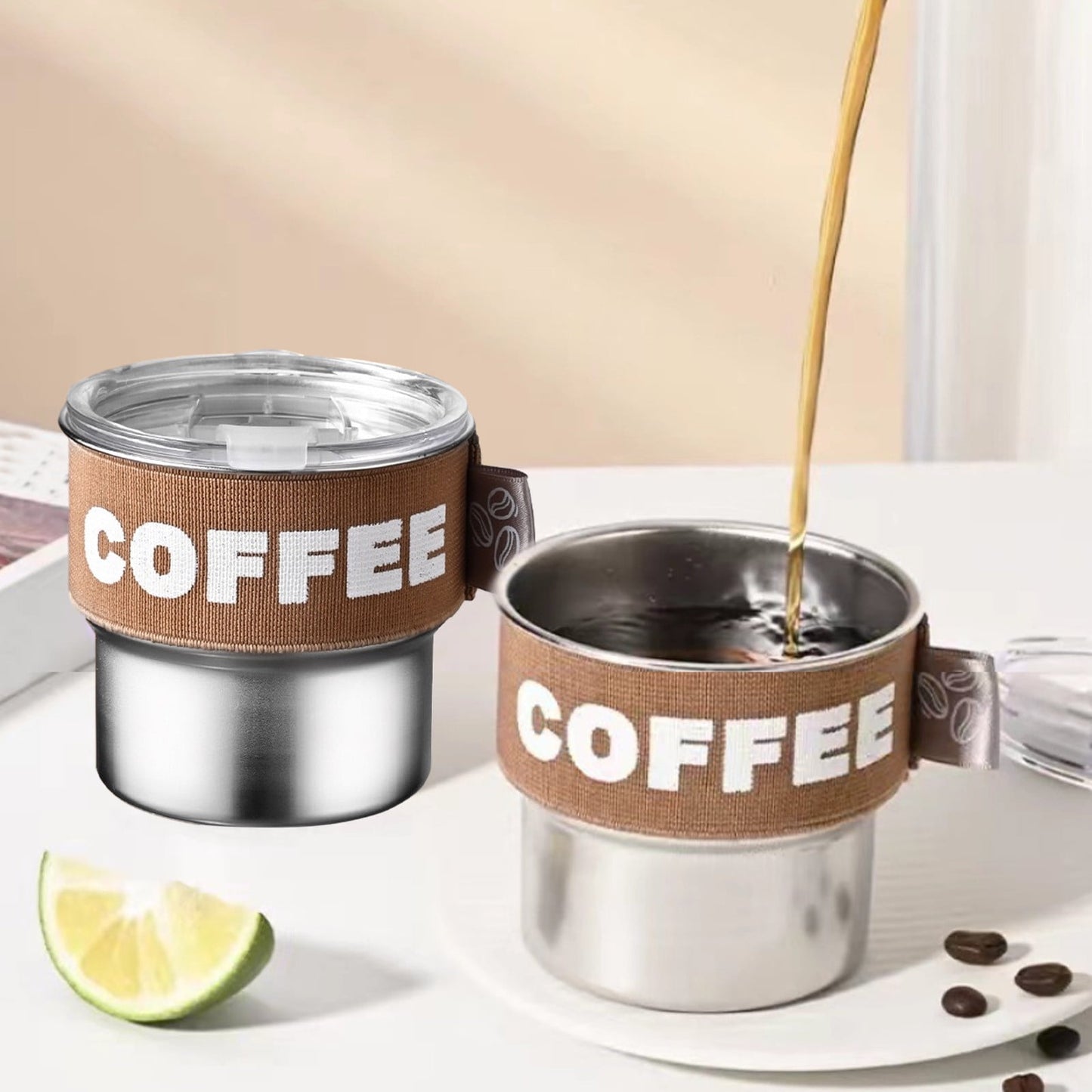 Tyidzon Insulated Coffee Mug, 20oz Stainless Steel Tumbler with Slider Lid Travel Coffee Cups with Handle for Camping Office Home, Blue ZA_#Brown