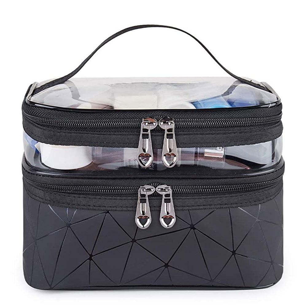 Meiyuuo Makeup Bag Cosmetic Bag Travelling Double Layer Make Up Bag Organizer Medium Case for Women Girls Reusable Toiletry Bags(Blue) Black