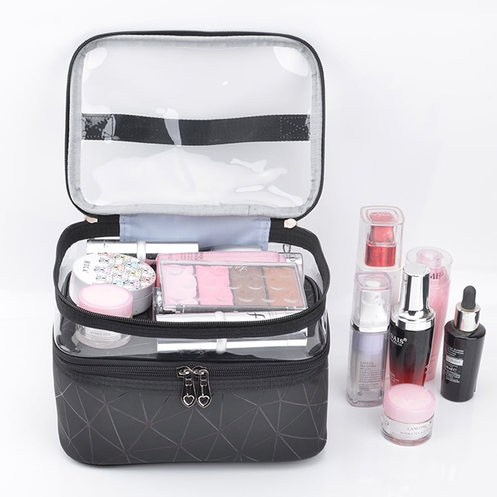 Meiyuuo Makeup Bag Cosmetic Bag Travelling Double Layer Make Up Bag Organizer Medium Case for Women Girls Reusable Toiletry Bags(Blue) Black