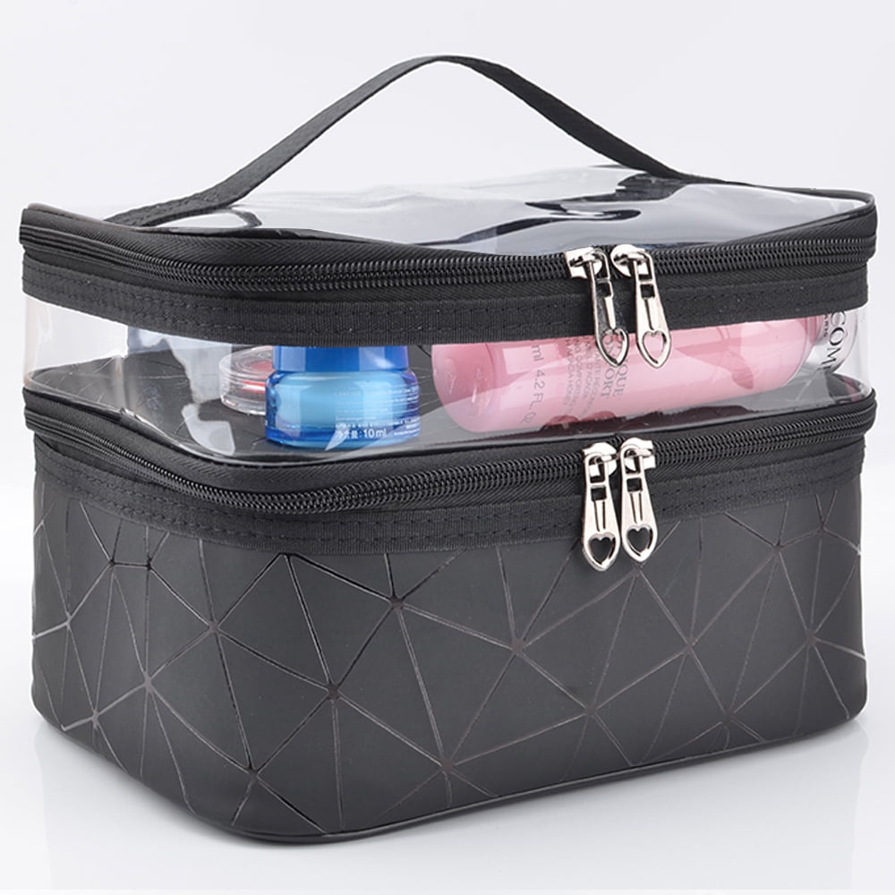 Meiyuuo Makeup Bag Cosmetic Bag Travelling Double Layer Make Up Bag Organizer Medium Case for Women Girls Reusable Toiletry Bags(Blue) Black