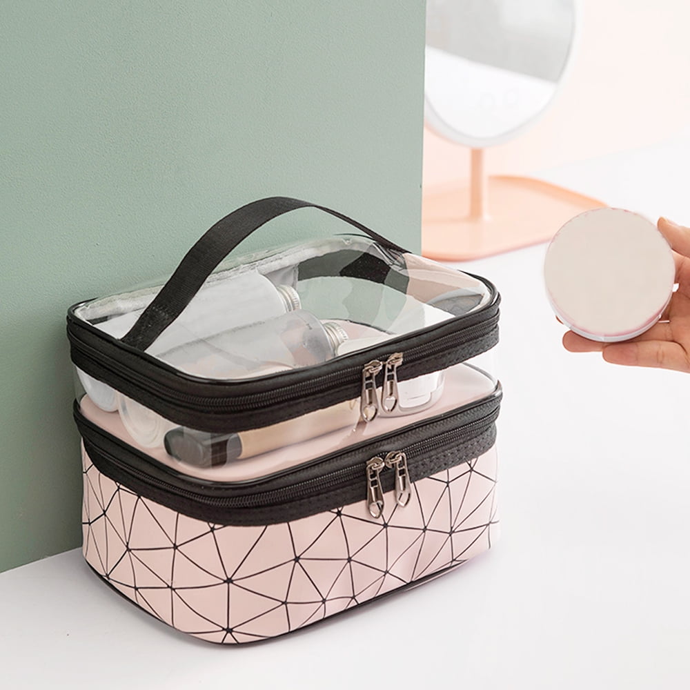 Meiyuuo Makeup Bag Cosmetic Bag Travelling Double Layer Make Up Bag Organizer Medium Case for Women Girls Reusable Toiletry Bags(Blue) Light Pink