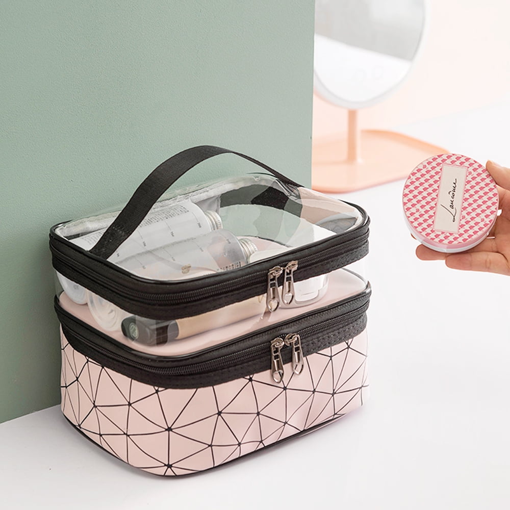 Meiyuuo Makeup Bag Cosmetic Bag Travelling Double Layer Make Up Bag Organizer Medium Case for Women Girls Reusable Toiletry Bags(Blue) Pink