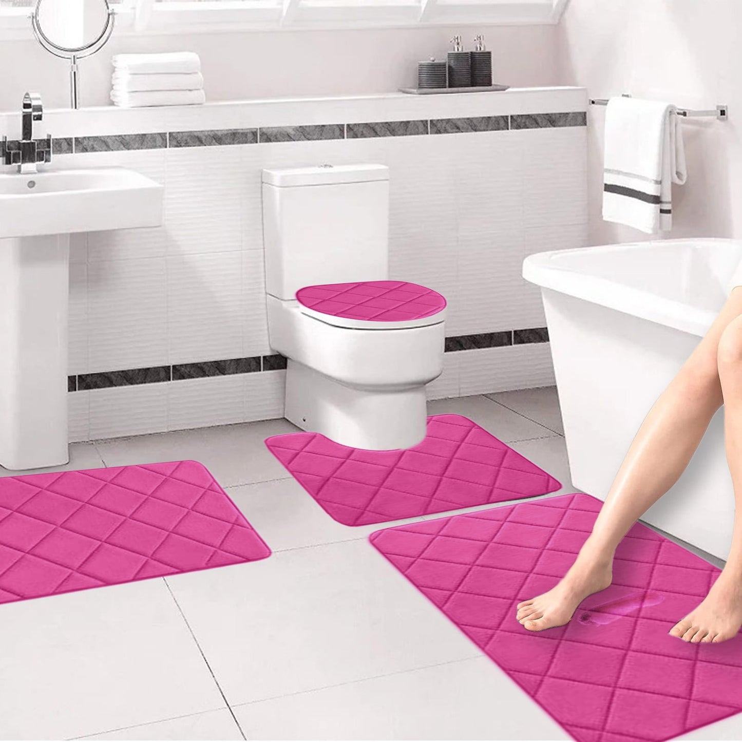 Clearance Tyidzon Bathroom Rugs 4 Piece Ultra Soft & Non-Slip Memory Foam Bath Mats for Bathroom, Absorbent Quick-Drying Bath Mats for Shower Bathroom Floor Rugs Pink