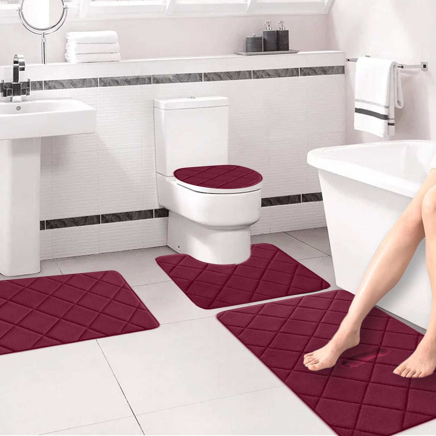 Clearance Tyidzon Bathroom Rugs 4 Piece Ultra Soft & Non-Slip Memory Foam Bath Mats for Bathroom, Absorbent Quick-Drying Bath Mats for Shower Bathroom Floor Rugs Red