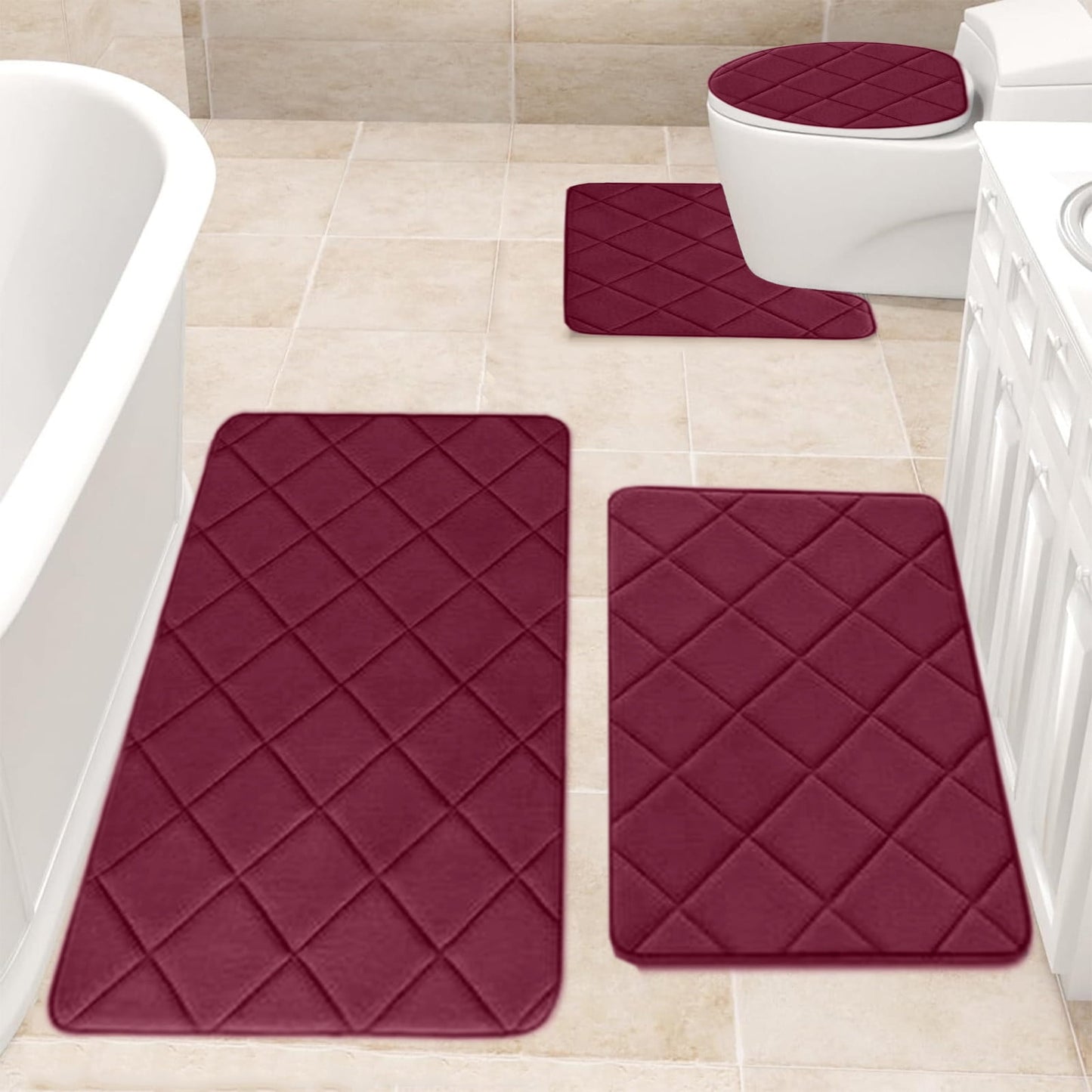 Clearance Tyidzon Bathroom Rugs 4 Piece Ultra Soft & Non-Slip Memory Foam Bath Mats for Bathroom, Absorbent Quick-Drying Bath Mats for Shower Bathroom Floor Rugs Red