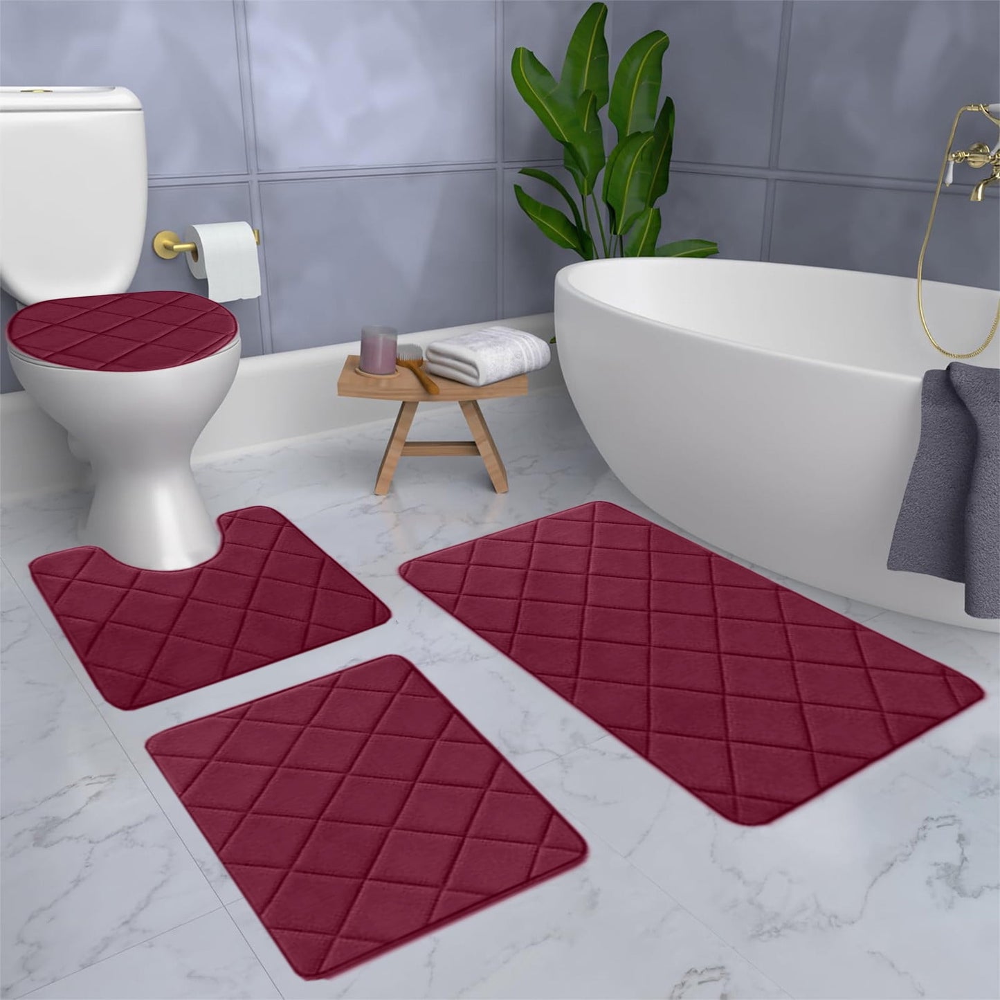 Clearance Tyidzon Bathroom Rugs 4 Piece Ultra Soft & Non-Slip Memory Foam Bath Mats for Bathroom, Absorbent Quick-Drying Bath Mats for Shower Bathroom Floor Rugs Red
