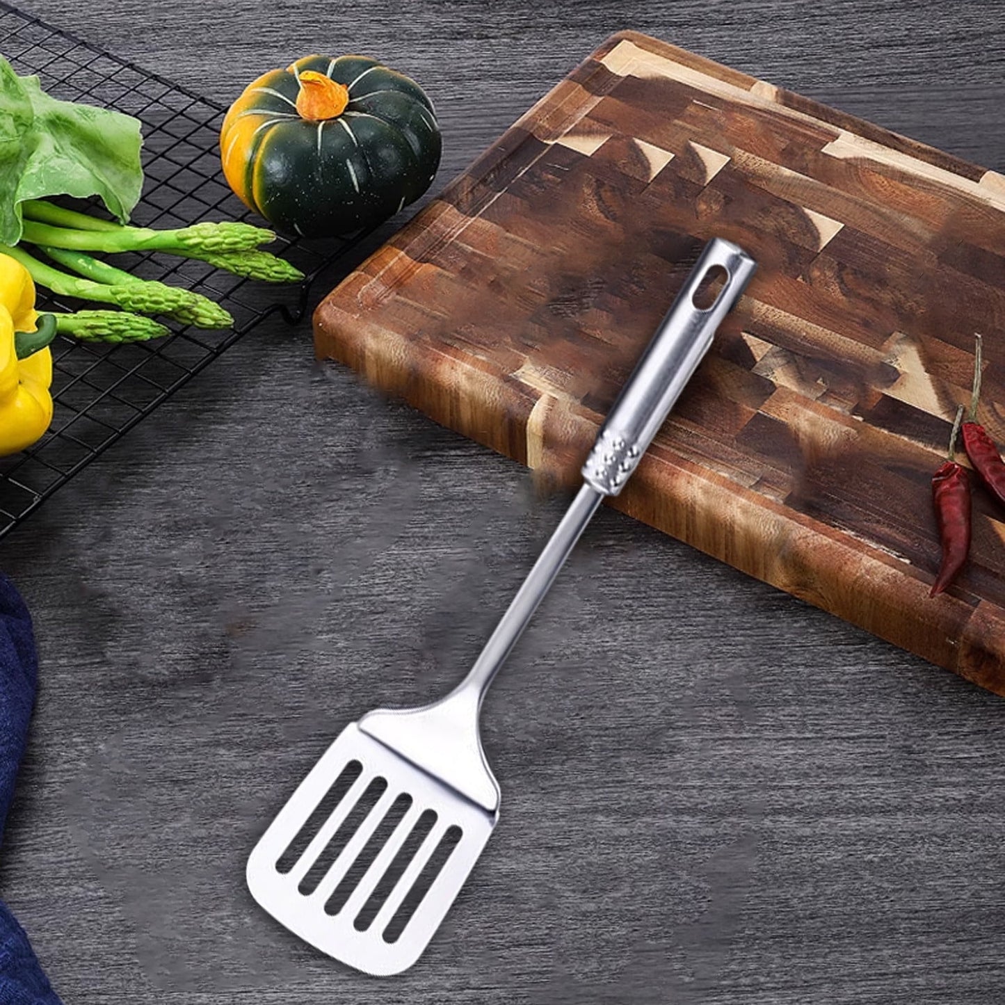 Tyidzon 13 Inch Stainless Steel Spatula Silver Slotted Metal Spatula Heavy Duty Sturdy Kitchen Spatula High Heat Resistant Fryer Barbecue Cookware Etc Kitchen Meat Spatula Silver