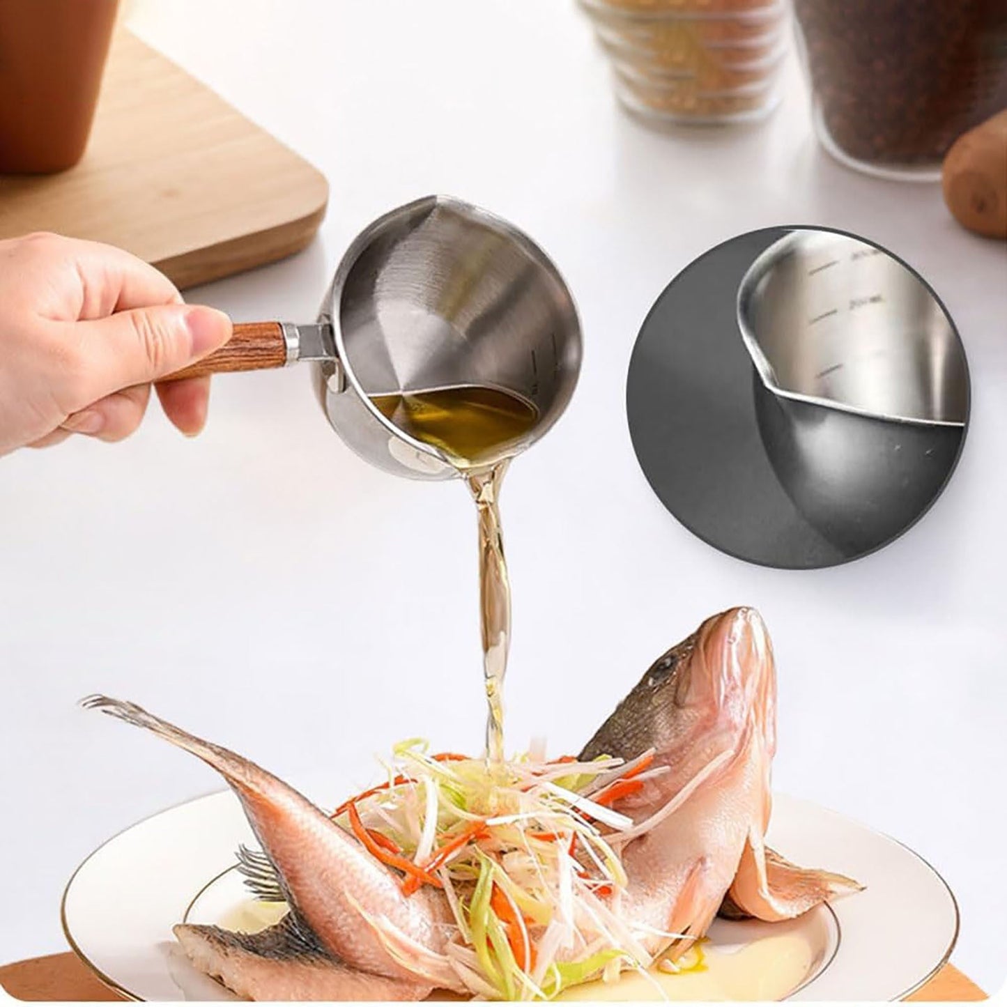 JWDX Cooking Utensils Clearance, Stainless Hot Oil Pot with Wooden Handle New Oil Pot Container for Kitchen Cooking Oil Strainer Pot A