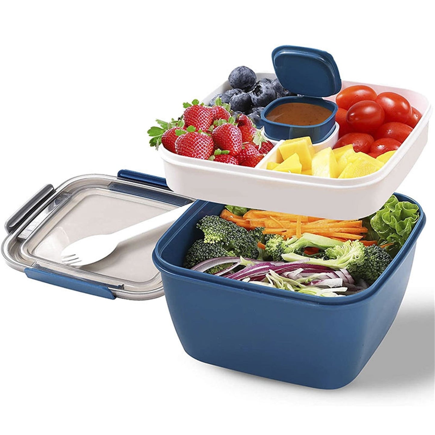JWDX Food Storage, Light Meal Salad Box Japanese Style Double Layer Compartment Lunch Box, Kitchen Supplies Clearance, 1Pc Portable Box and Salad Bowl Combo Keep Your Food Fresh and Organized Blue