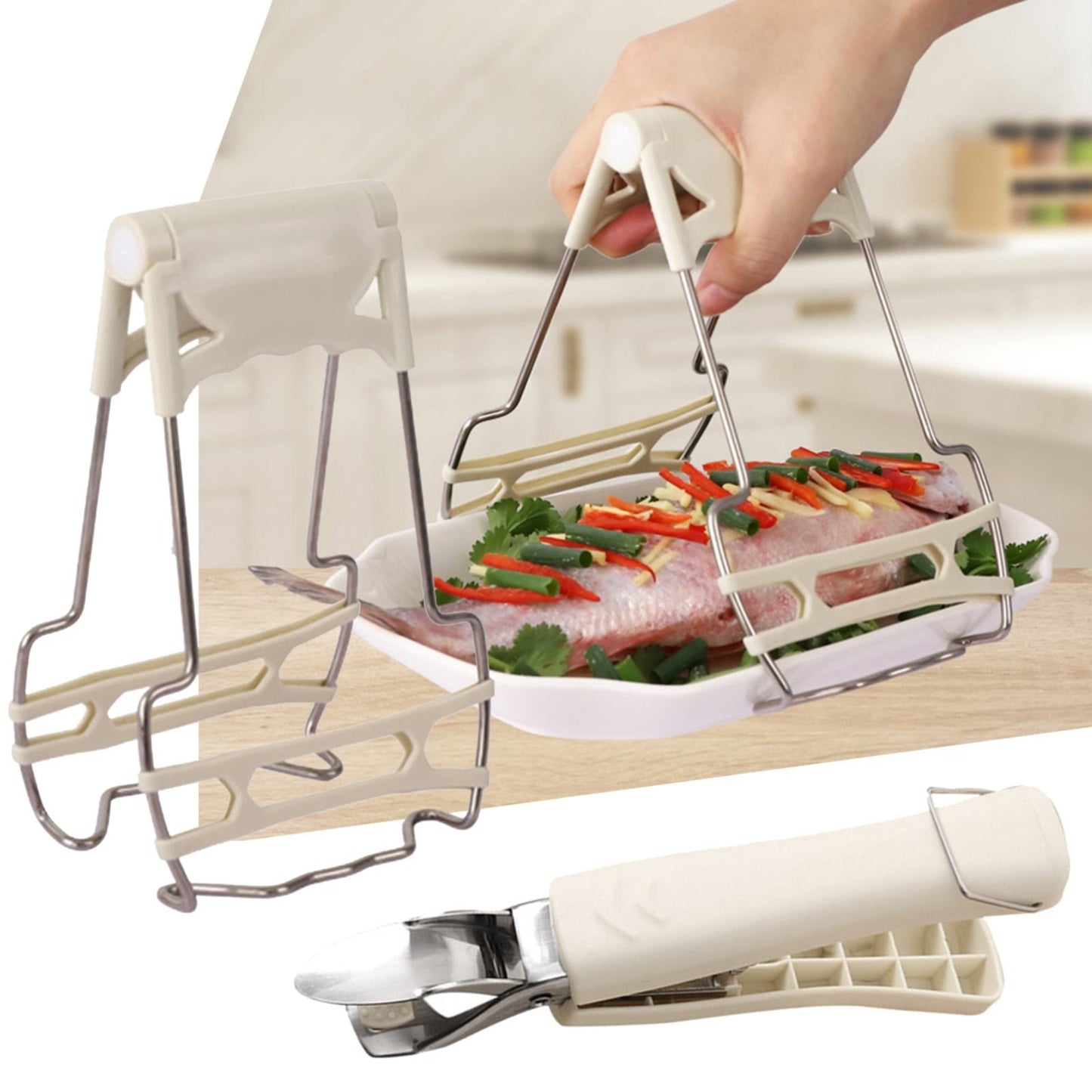 JWDX Food Clips Clearance, Stainless Steel Anti Hot Bowl Dish Plate Clip Clamp Holder for Moving Hot Plate Or Bowls with Food Out From Microwave Oven Kitchen Tool Tongs for Cooking Beige
