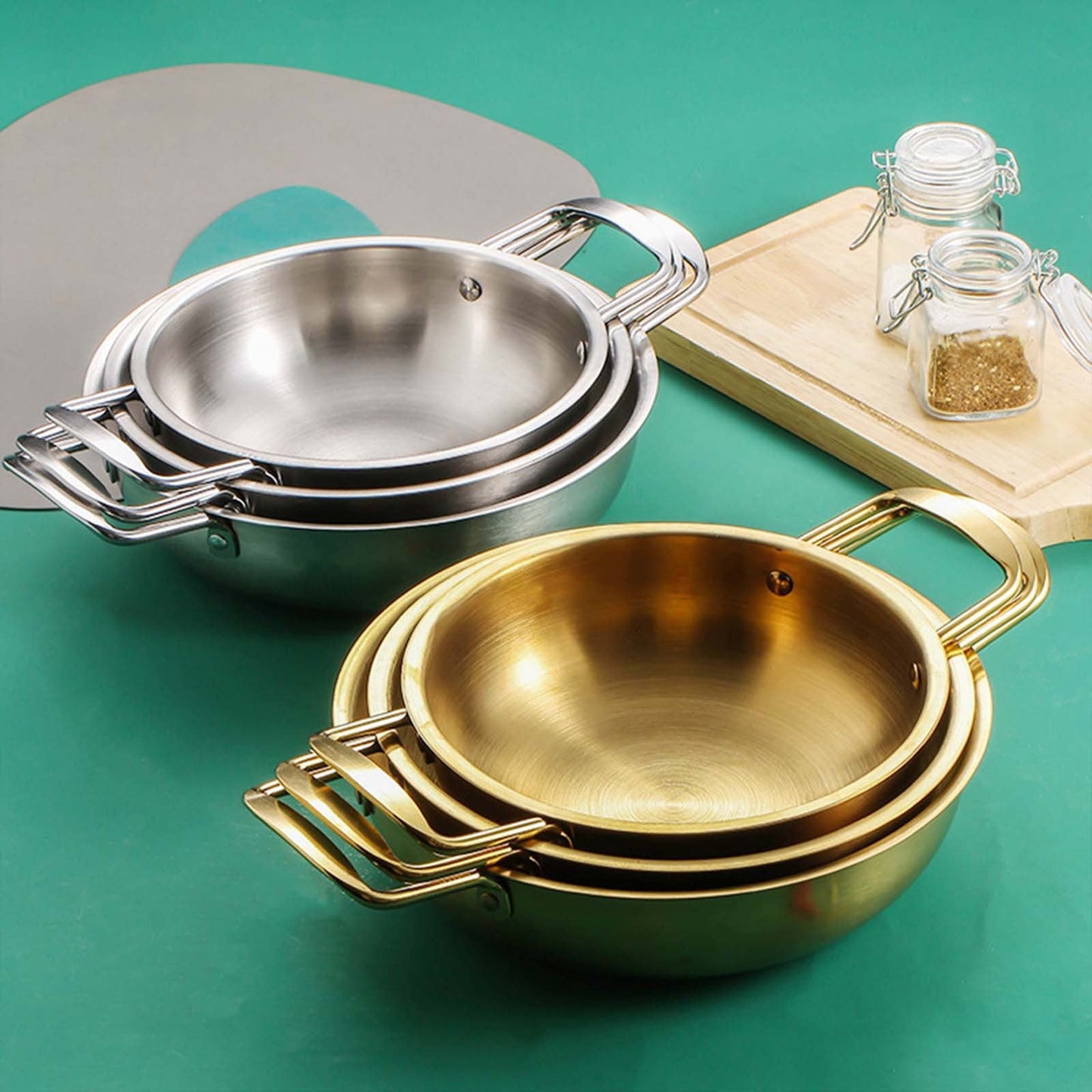 JWDX Stainless Steel Instant Noodle Pot Clearance, 7.1" Korean Ramen Noodle Pot with Handles Stainless Everyday Pan Golden Korean Cooking Pot for Soup Noodle Pasta Home and Outdoor Dishwasher GDE