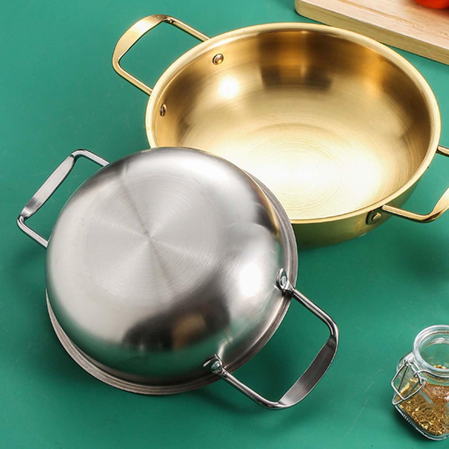 JWDX Stainless Steel Instant Noodle Pot Clearance, 7.1" Korean Ramen Noodle Pot with Handles Stainless Everyday Pan Golden Korean Cooking Pot for Soup Noodle Pasta Home and Outdoor Dishwasher SLC