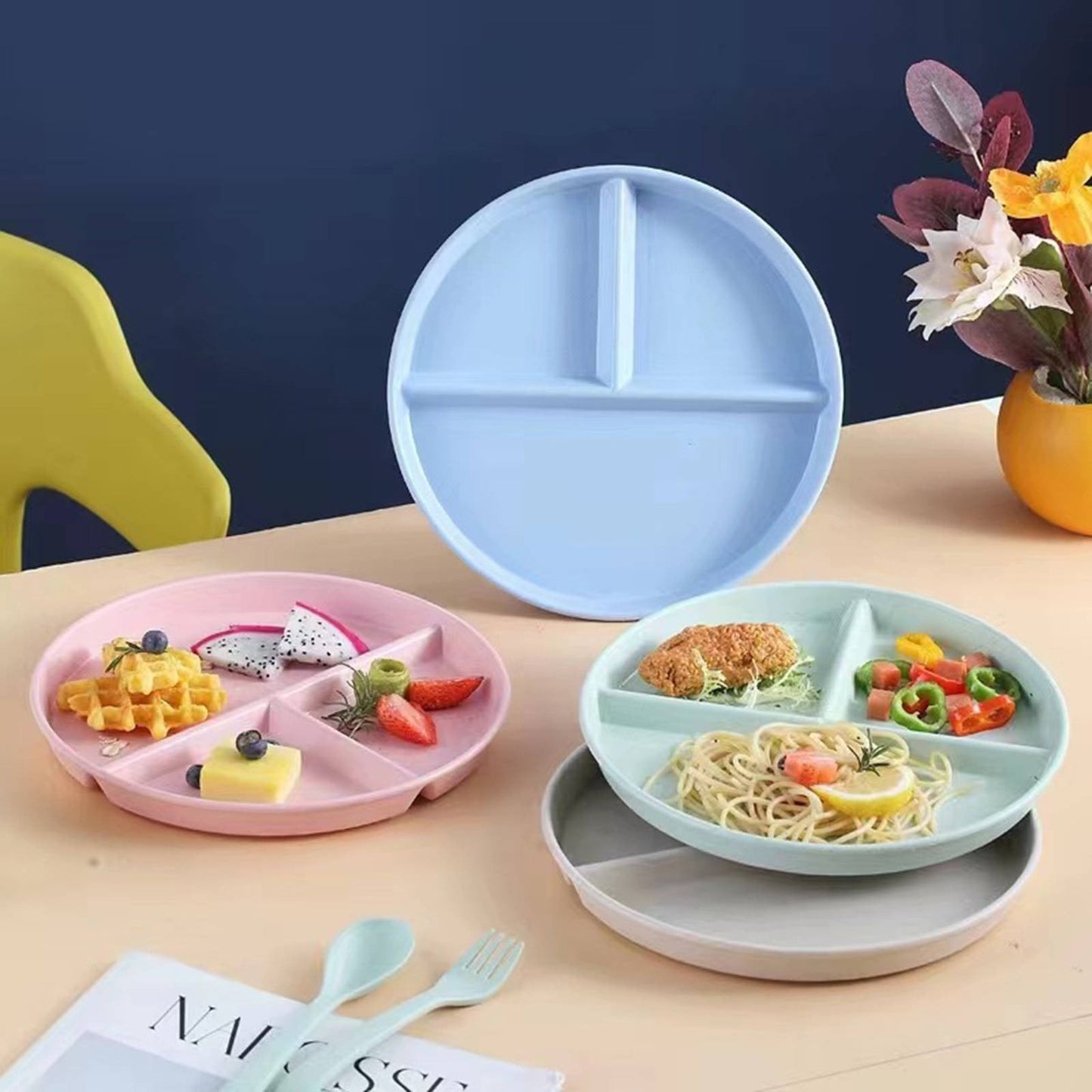 JWDX Tableware Clearance, Wheat Plates for Adults Reusable Dinnerware Set Kids Divided Plate Bariatric Plastic Salad Lunch Tray Microwave and Dishwasher BU1