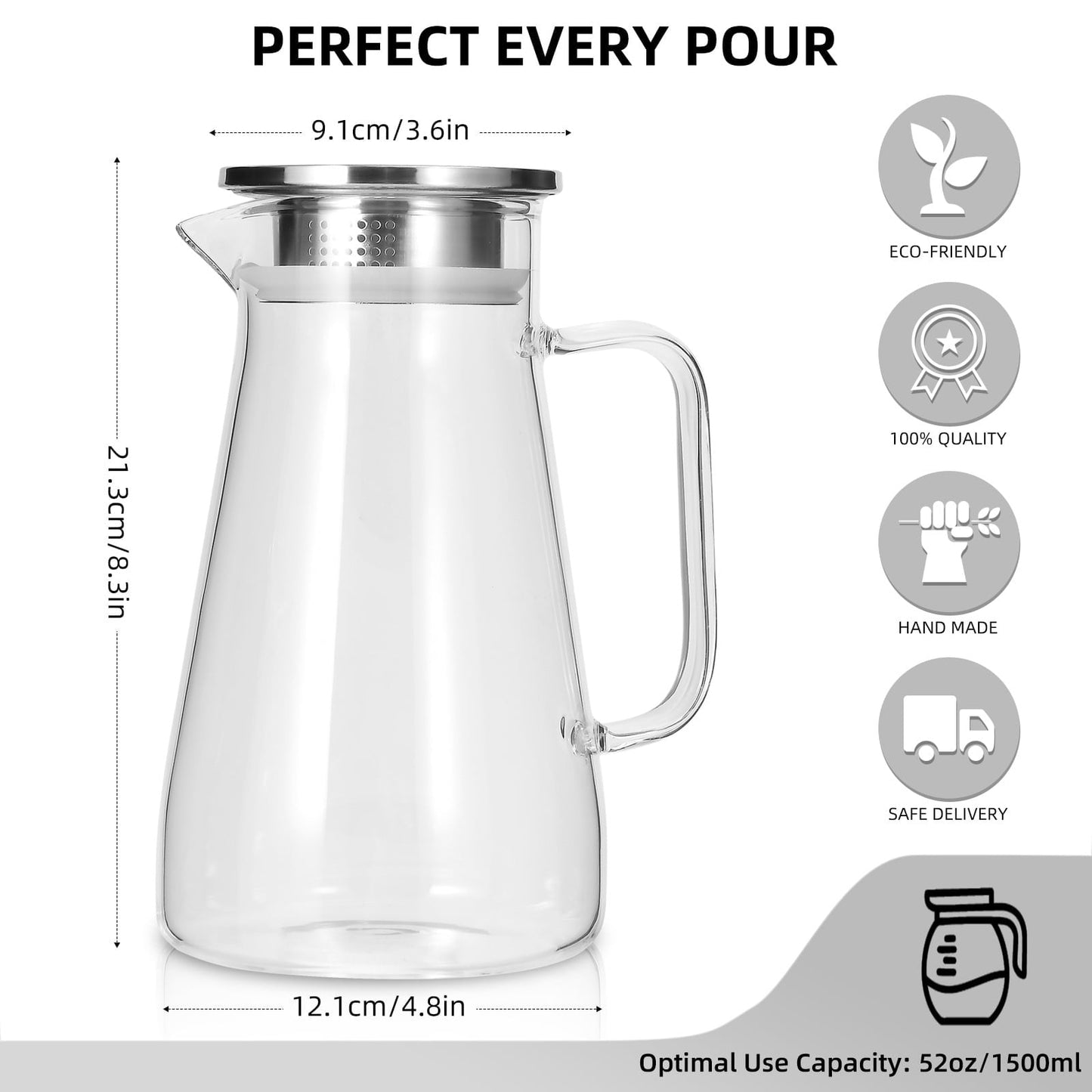 JWDX Glass and Bottle Clearance, 52 Oz Glass Pitcher with Stainless Lid Water Carafe with Handle Clear Good Beverage Pitcher for Homemade Juice and Iced Tea As shown