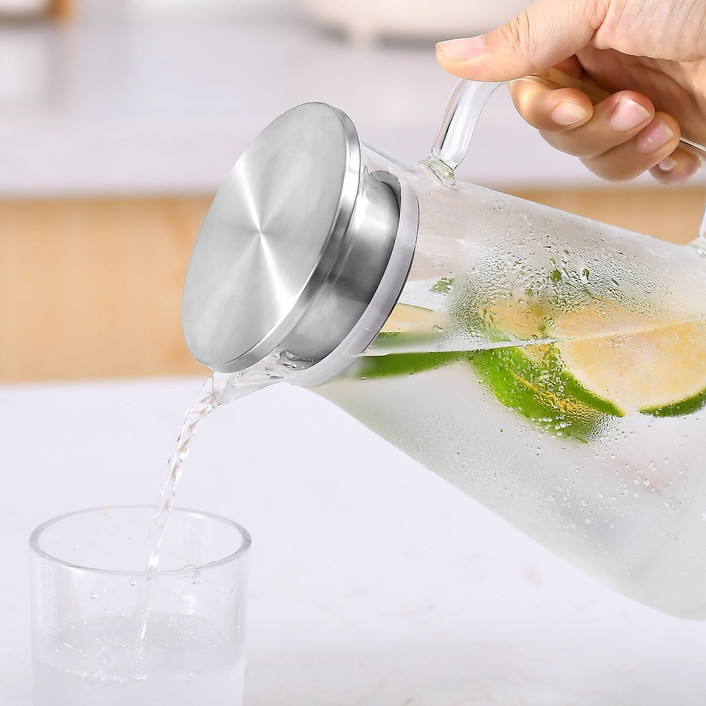 JWDX Glass and Bottle Clearance, 52 Oz Glass Pitcher with Stainless Lid Water Carafe with Handle Clear Good Beverage Pitcher for Homemade Juice and Iced Tea As shown