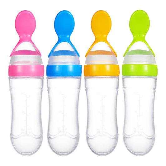 JWDX Glass and Bottle Clearance, Baby Food Feeder 4 Pack Silicone Baby Food Dispensing Spoon Wajiayon 3 Oz Feeding Spoons with Suction Cup for Boys Girl Kids Toddlers Self Feeding Bottle Spoon As shown