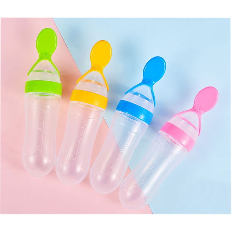 JWDX Glass and Bottle Clearance, Baby Food Feeder 4 Pack Silicone Baby Food Dispensing Spoon Wajiayon 3 Oz Feeding Spoons with Suction Cup for Boys Girl Kids Toddlers Self Feeding Bottle Spoon As shown
