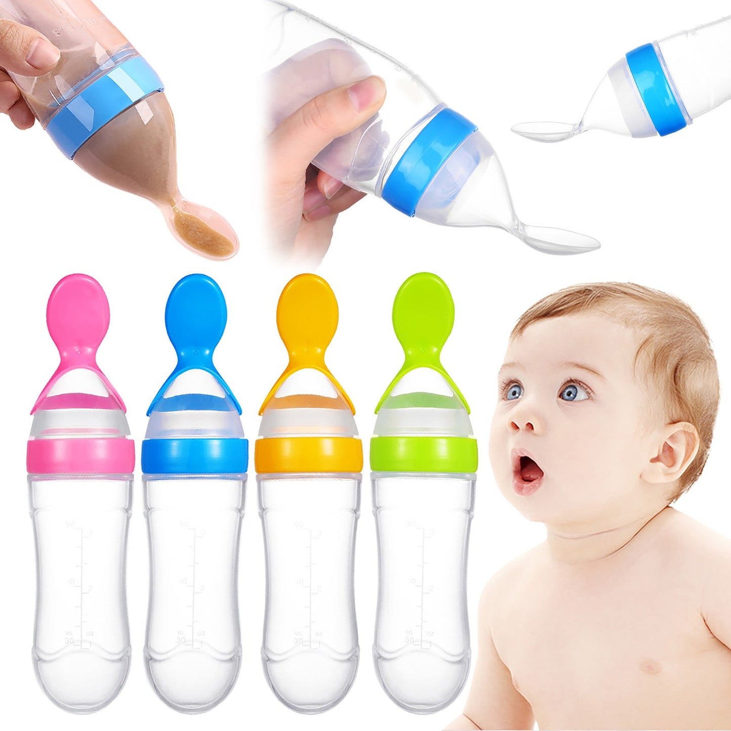 JWDX Glass and Bottle Clearance, Baby Food Feeder 4 Pack Silicone Baby Food Dispensing Spoon Wajiayon 3 Oz Feeding Spoons with Suction Cup for Boys Girl Kids Toddlers Self Feeding Bottle Spoon As shown