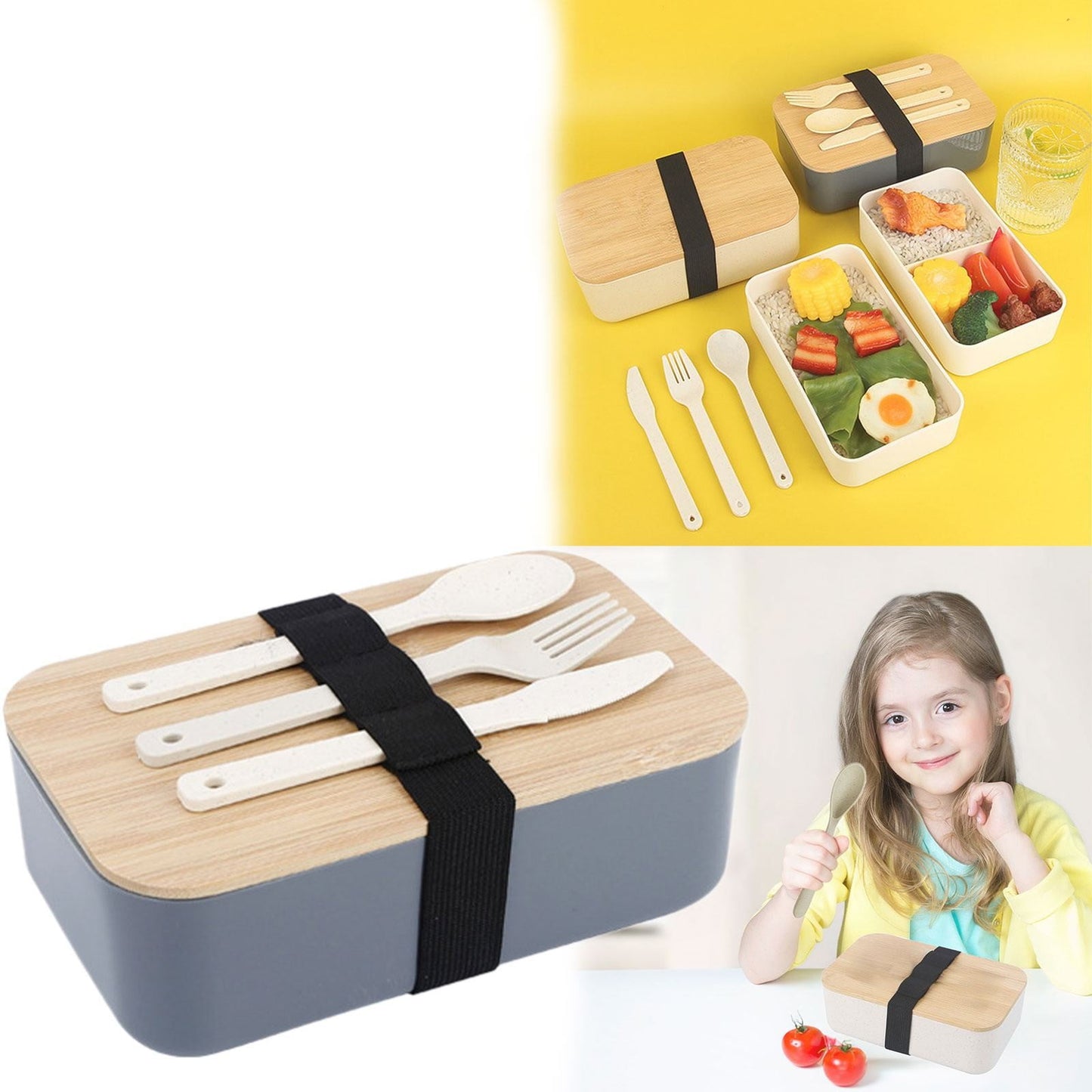 JWDX Tableware Clearance, Box Lunch Box Japanese 2 Layer Food Container with Cutlery Spoon and Fork Divided Salad Box for Men and Women GY2