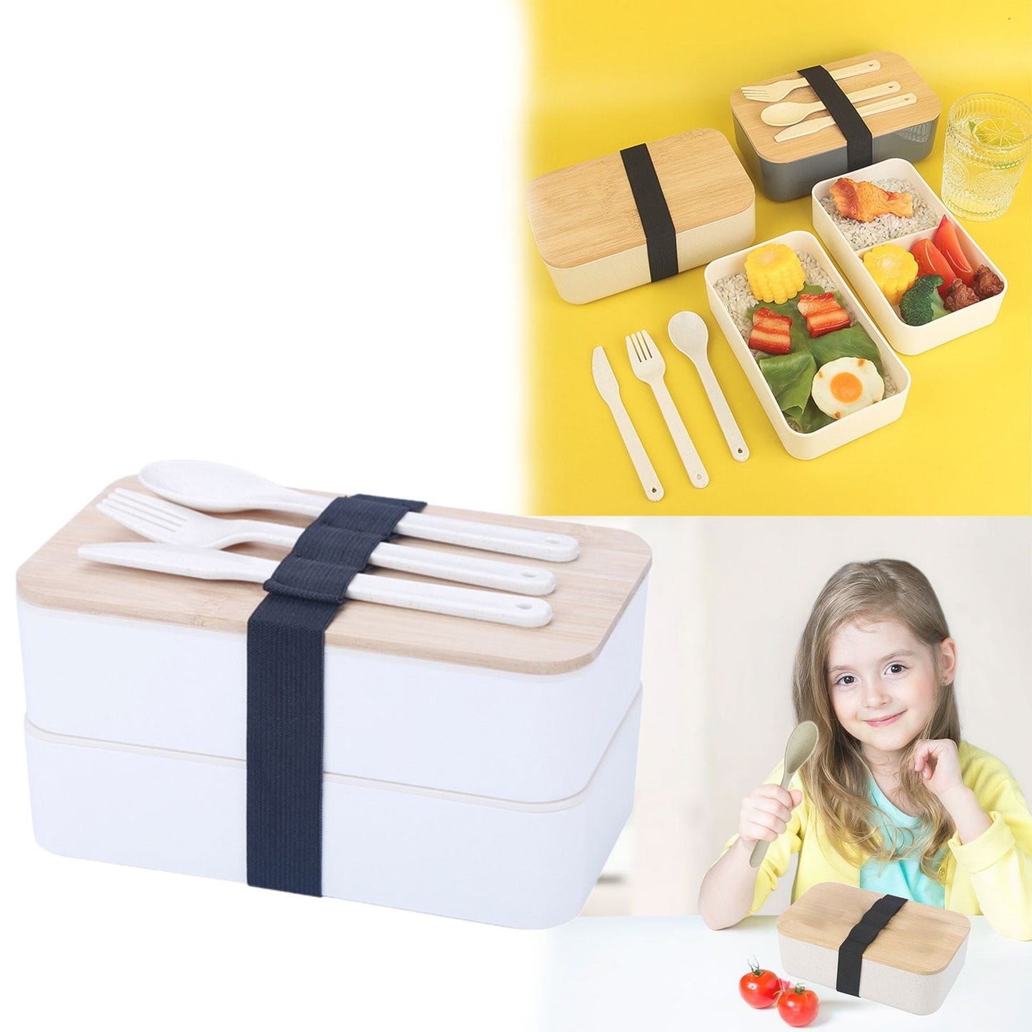 JWDX Tableware Clearance, Box Lunch Box Japanese 2 Layer Food Container with Cutlery Spoon and Fork Divided Salad Box for Men and Women WH2