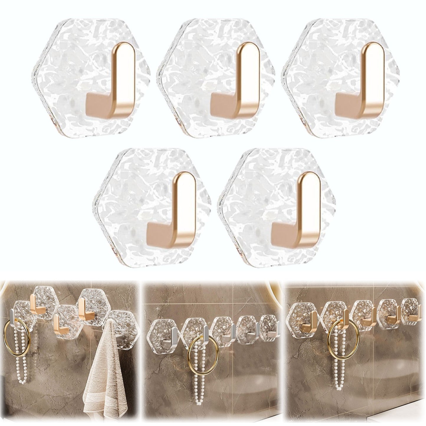 JWDX, Wall Mount Hooks Hexagon Adhesive Hooks with Water Design No Drill Wall Hanging Storage Rack Damage Sticky Hooks for Kitchen Bathroom Towel Hanging(5Pc) One Size Gold