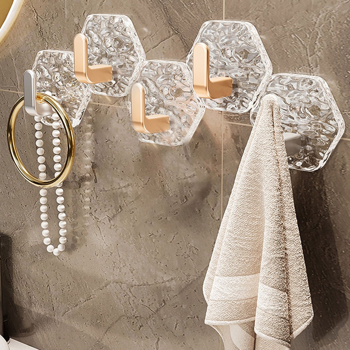 JWDX, Wall Mount Hooks Hexagon Adhesive Hooks with Water Design No Drill Wall Hanging Storage Rack Damage Sticky Hooks for Kitchen Bathroom Towel Hanging(5Pc) One Size Gold