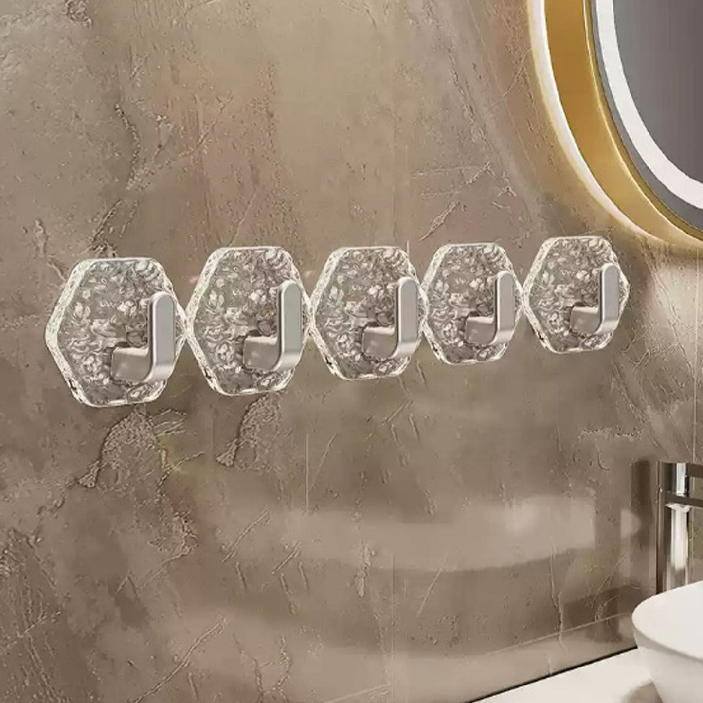 JWDX, Wall Mount Hooks Hexagon Adhesive Hooks with Water Design No Drill Wall Hanging Storage Rack Damage Sticky Hooks for Kitchen Bathroom Towel Hanging(5Pc) One Size Gold