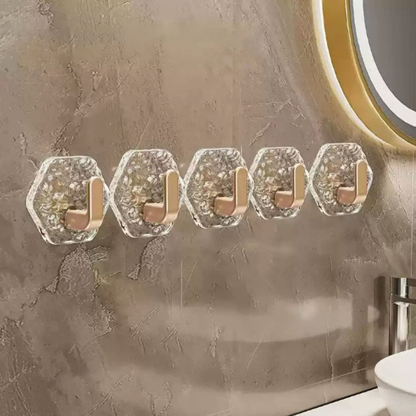 JWDX, Wall Mount Hooks Hexagon Adhesive Hooks with Water Design No Drill Wall Hanging Storage Rack Damage Sticky Hooks for Kitchen Bathroom Towel Hanging(5Pc) One Size Gold