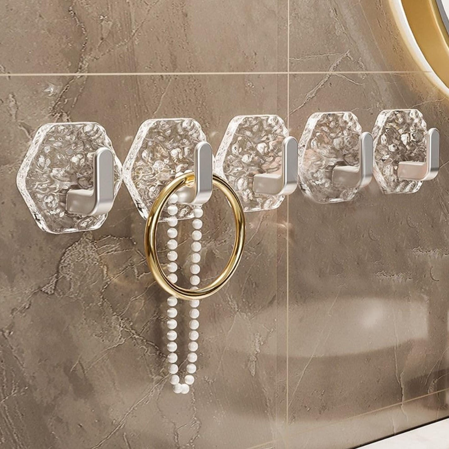 JWDX, Wall Mount Hooks Hexagon Adhesive Hooks with Water Design No Drill Wall Hanging Storage Rack Damage Sticky Hooks for Kitchen Bathroom Towel Hanging(5Pc) One Size Gold
