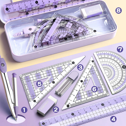 Grrvtrz Ruler,Avoid Myopia Math Geometry Kit 8 Piece Supplies Set with Shatterproof Storage Box Including Ruler Protractor Eraser Lead Leads Pencils for,ice Supplies,Stationery 7.09*3.15*1.57 Purple