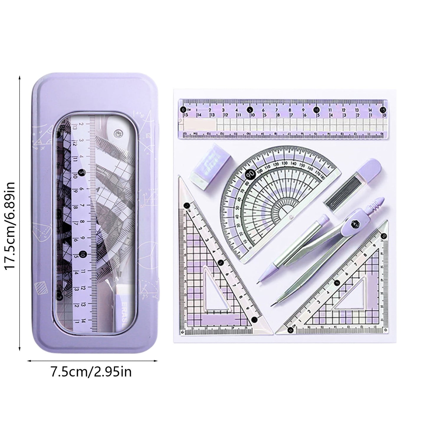 Grrvtrz Ruler,Avoid Myopia Math Geometry Kit 8 Piece Supplies Set with Shatterproof Storage Box Including Ruler Protractor Eraser Lead Leads Pencils for,ice Supplies,Stationery 7.09*3.15*1.57 Purple
