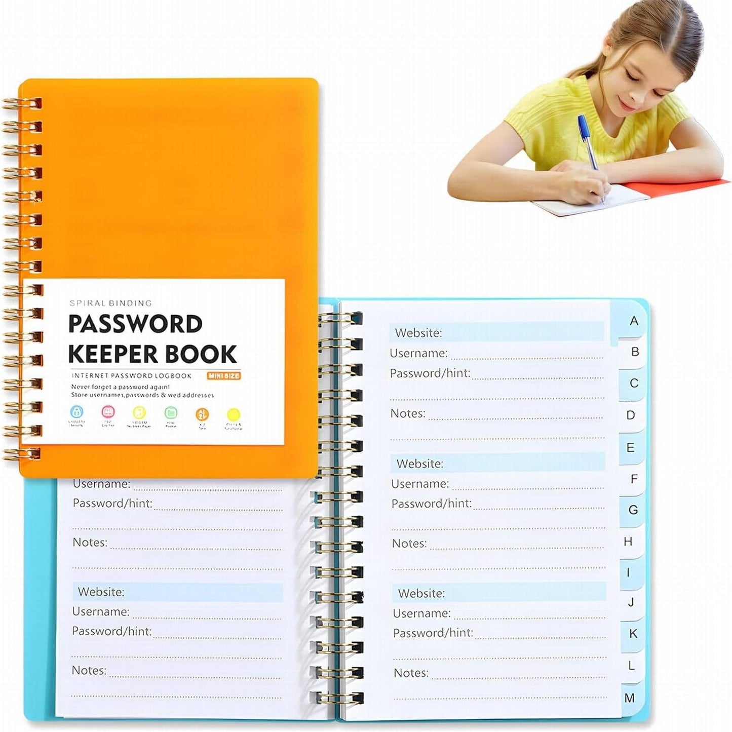 JWDX Hot Clearance! Password Book Password Book with Personal Alphabet Label Internet Address and Password Headquarters Password Log, A Spiral Code Book Orange Spiral code book Red