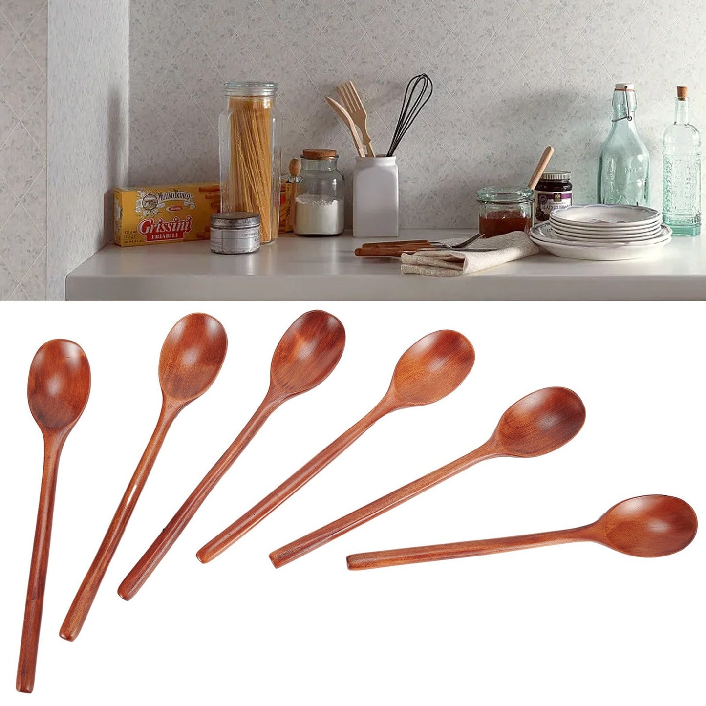 Gerich Long Wooden Spoon,6 Pieces 9 inch Korean Style Spoon,Kitchen Long Handle Mixing Spoon,Natural Wood Soup Spoon for Kids
