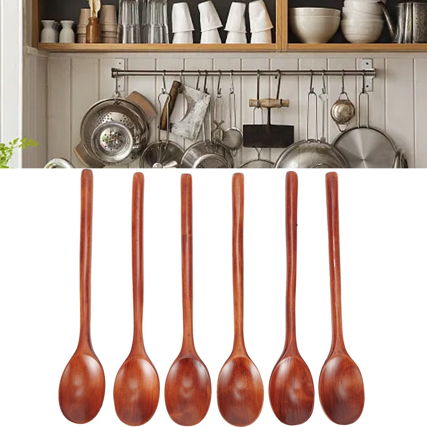 Gerich Long Wooden Spoon,6 Pieces 9 inch Korean Style Spoon,Kitchen Long Handle Mixing Spoon,Natural Wood Soup Spoon for Kids