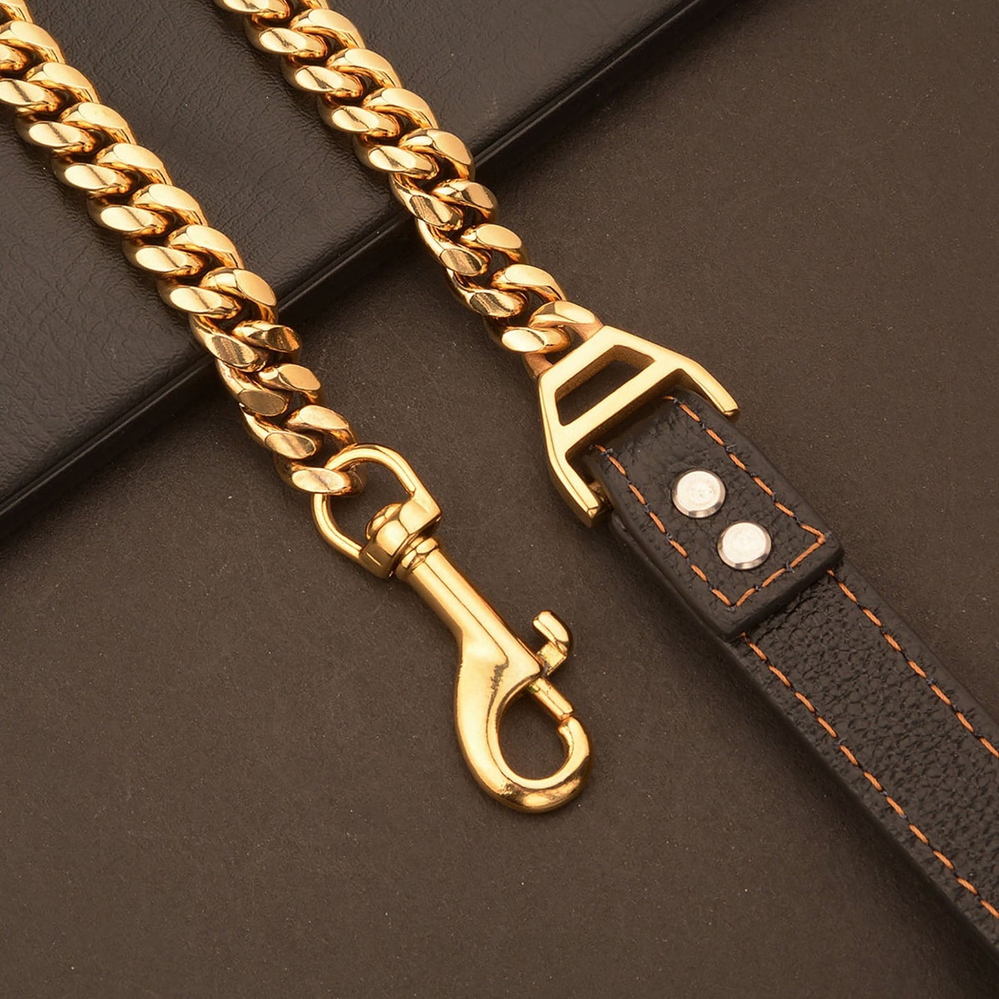 LGCASL Traction Leash Leather Strong Metal Stainless Pet Chain for Dog Black